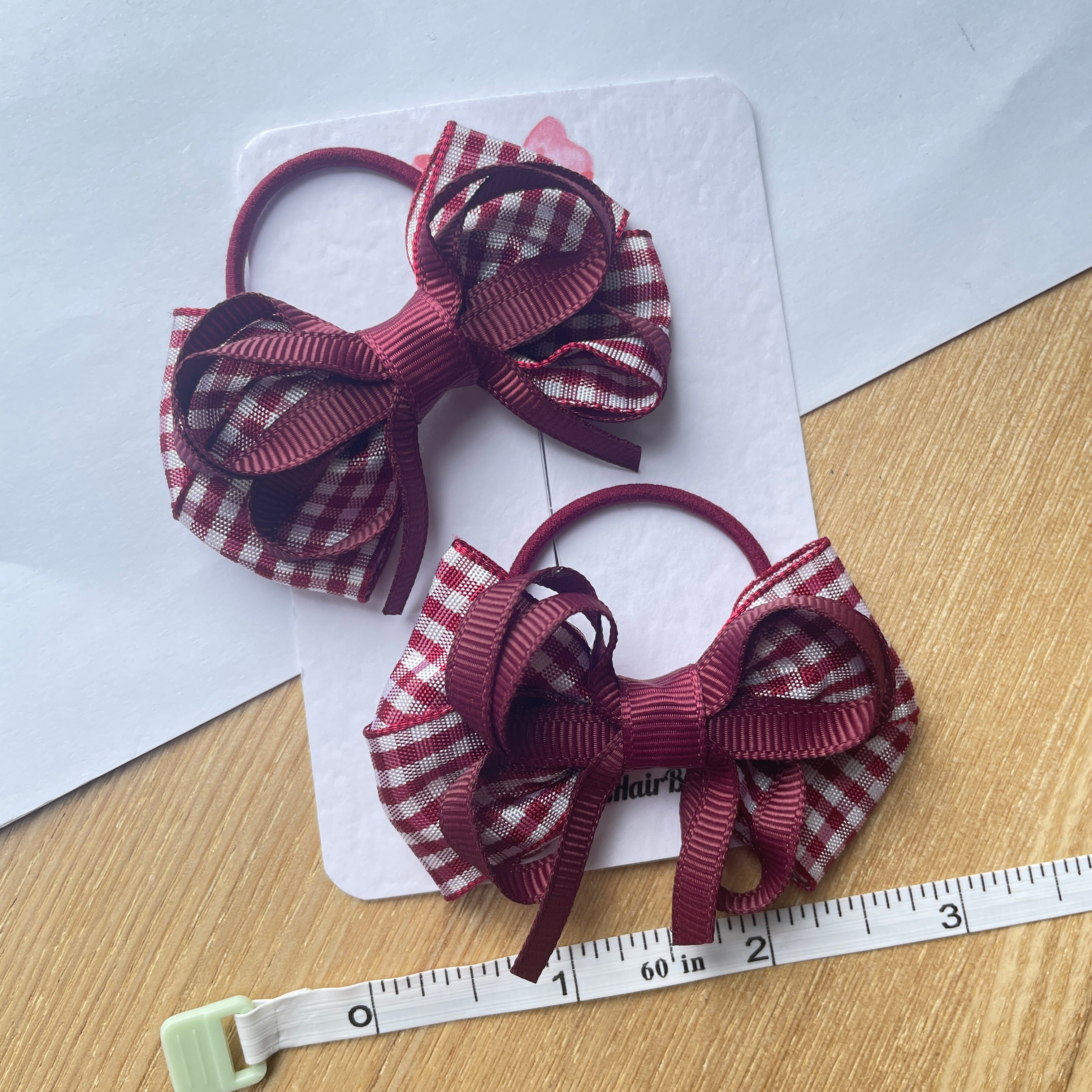 2.5inch Bow with thin elastic (pair) - Burgundy Gingham