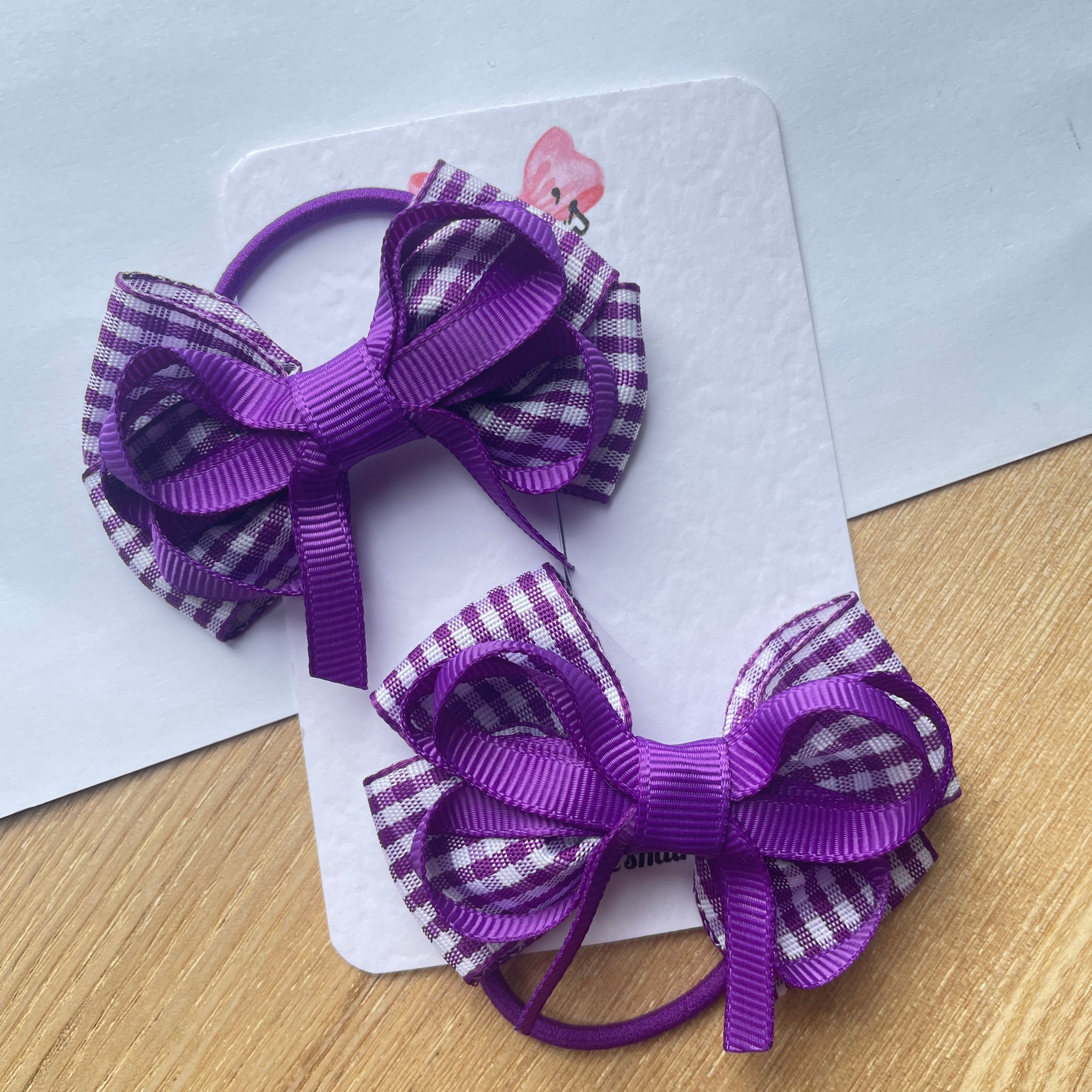 2.5inch Bow with thin elastic (pair) - Purple Gingham