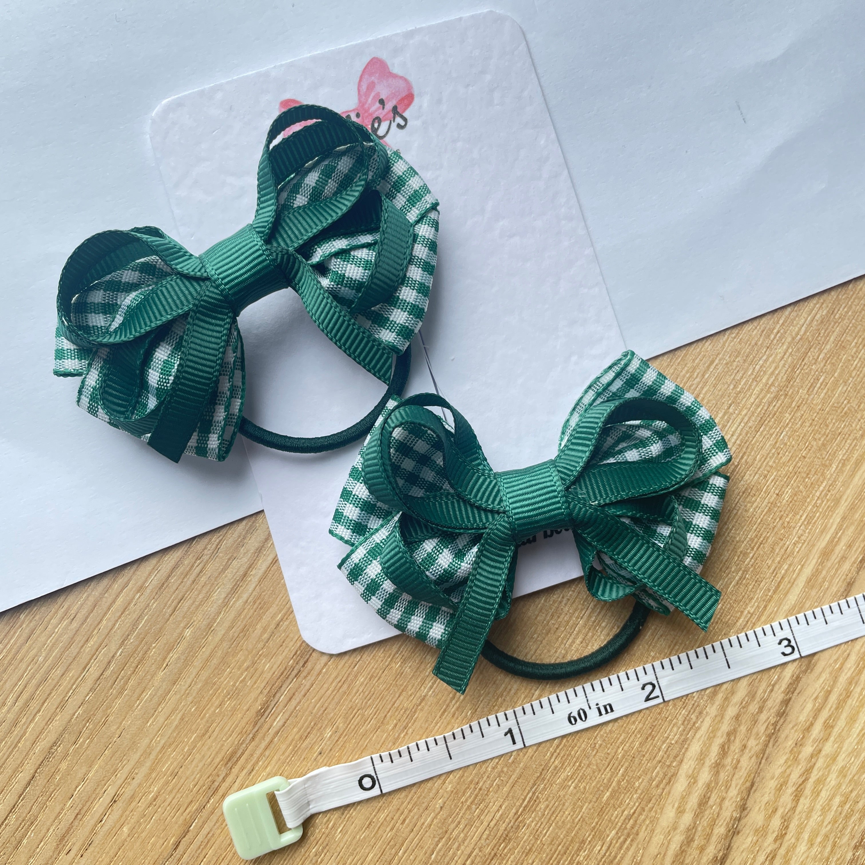 2.5inch Bow with thin elastic (pair) - Green Gingham