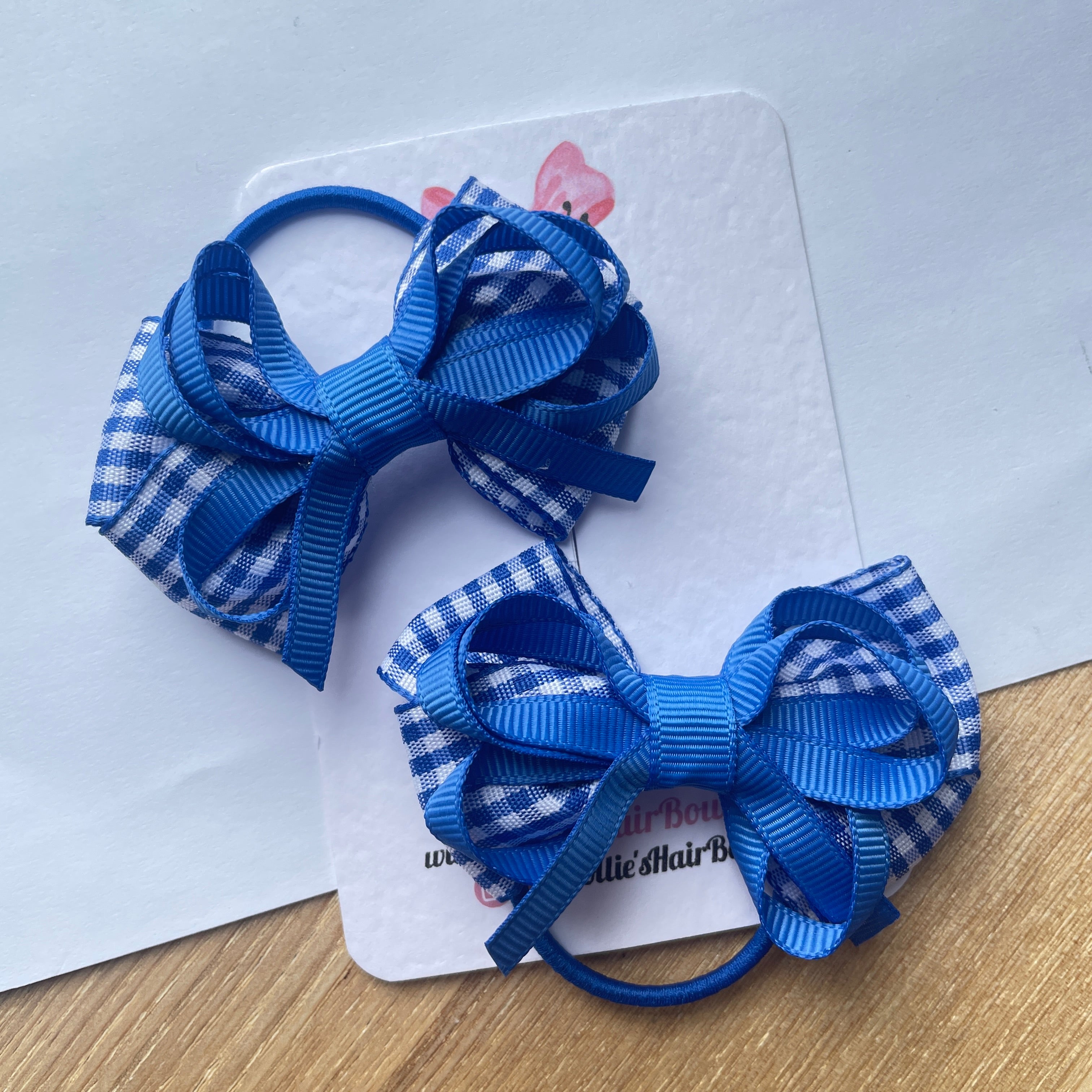 2.5inch Bow with thin elastic (pair) - Royal Blue Gingham