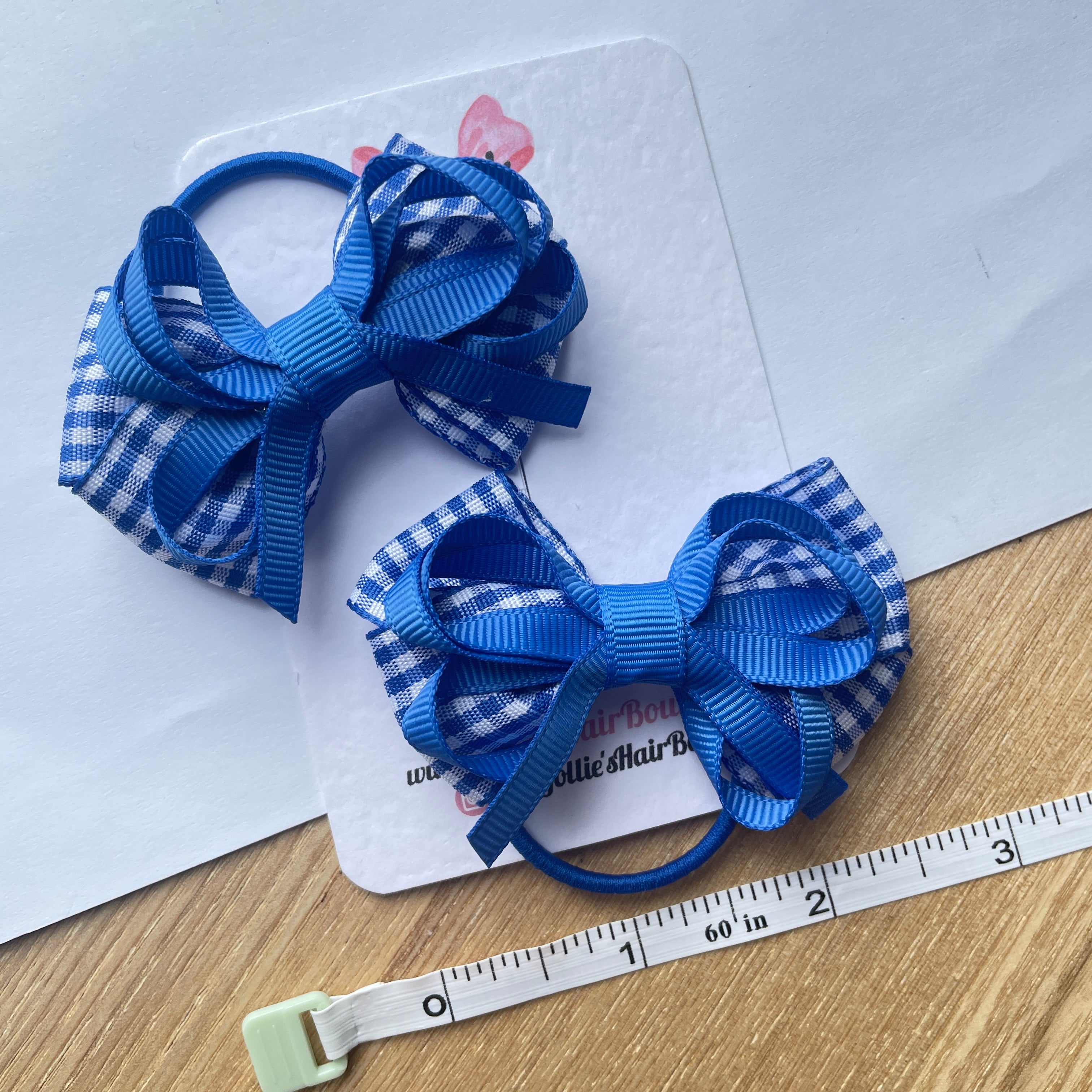 2.5inch Bow with thin elastic (pair) - Royal Blue Gingham