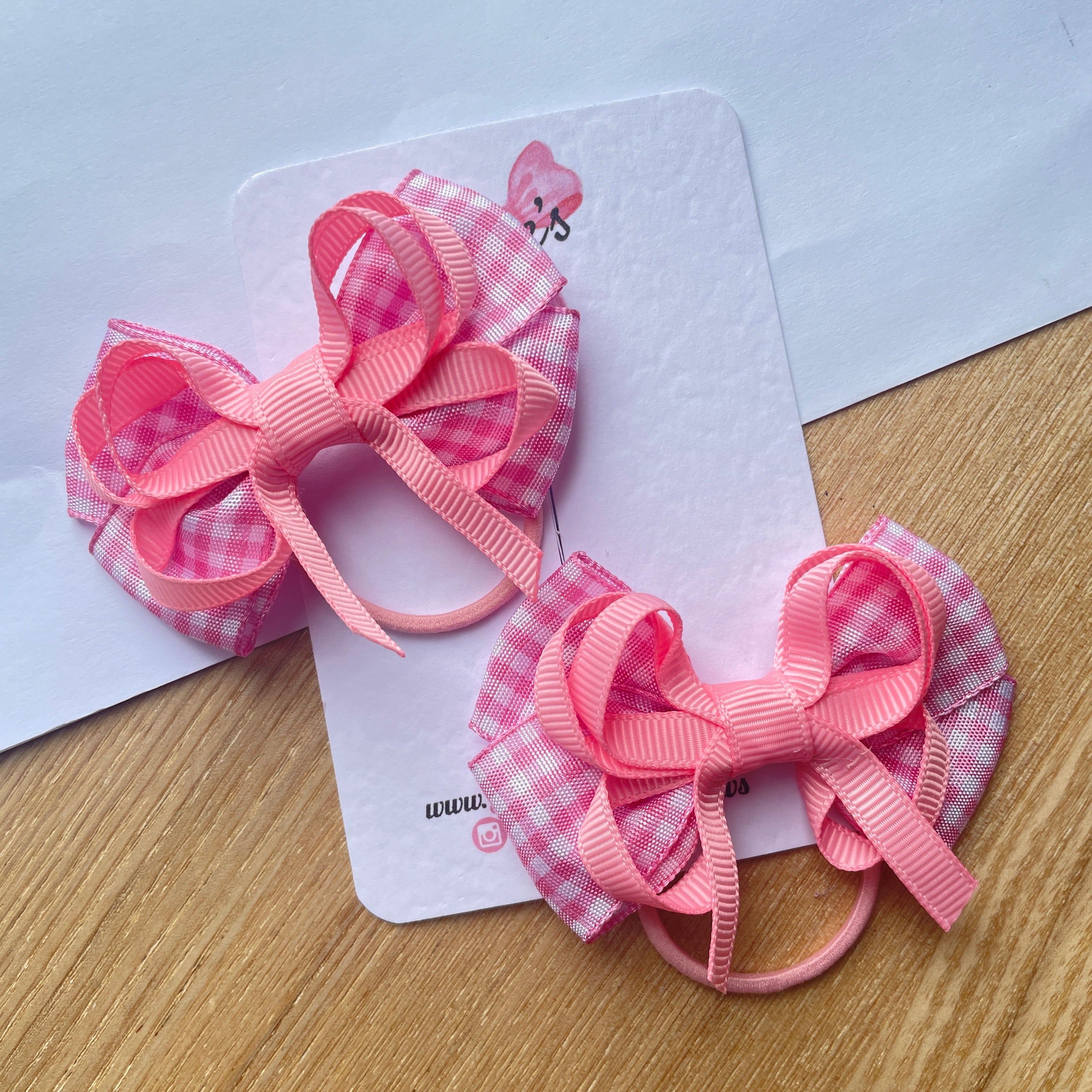 2.5inch Bow with thin elastic (pair) - Pink Gingham