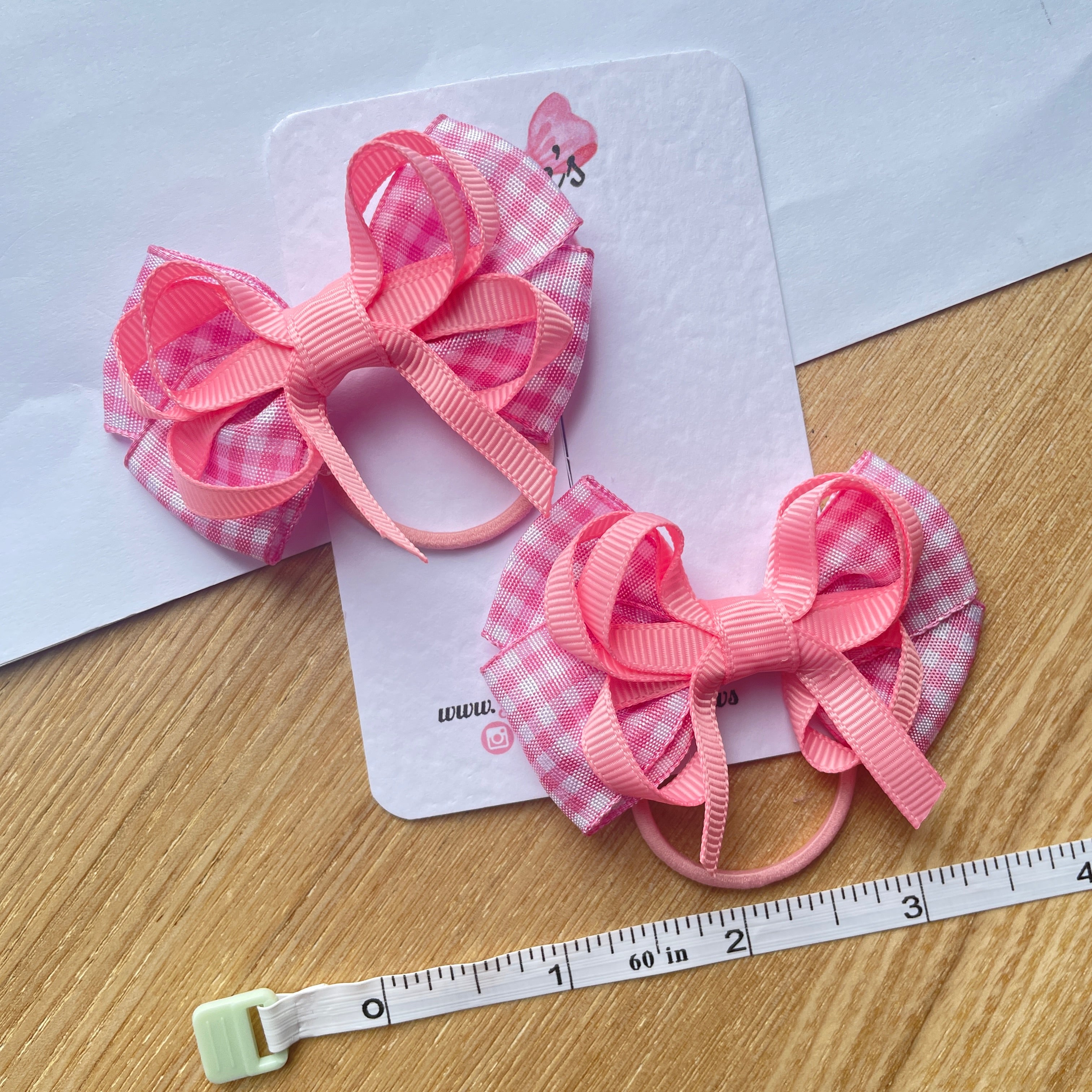 2.5inch Bow with thin elastic (pair) - Pink Gingham