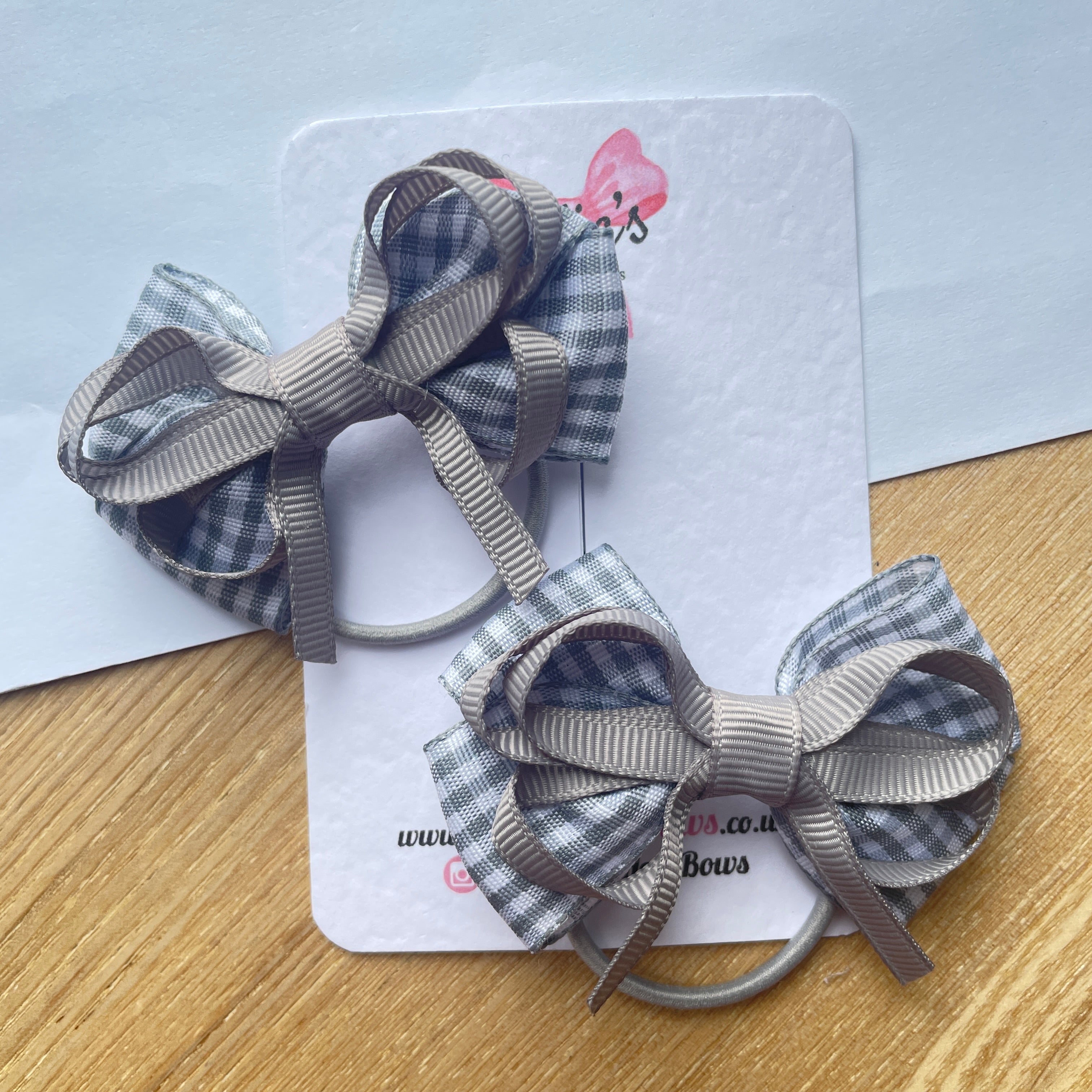 2.5inch Bow with thin elastic (pair) - Silver Gingham