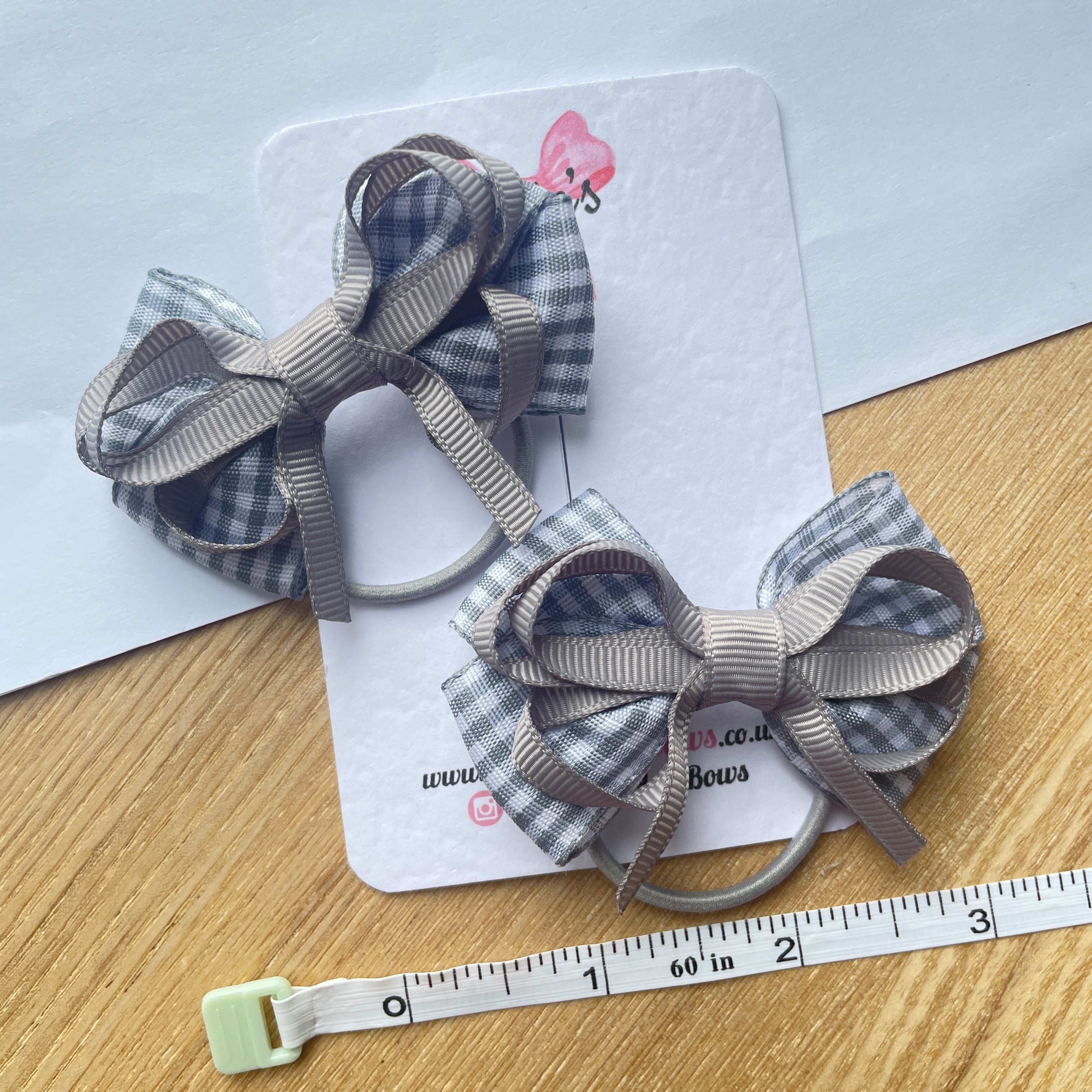 2.5inch Bow with thin elastic (pair) - Silver Gingham