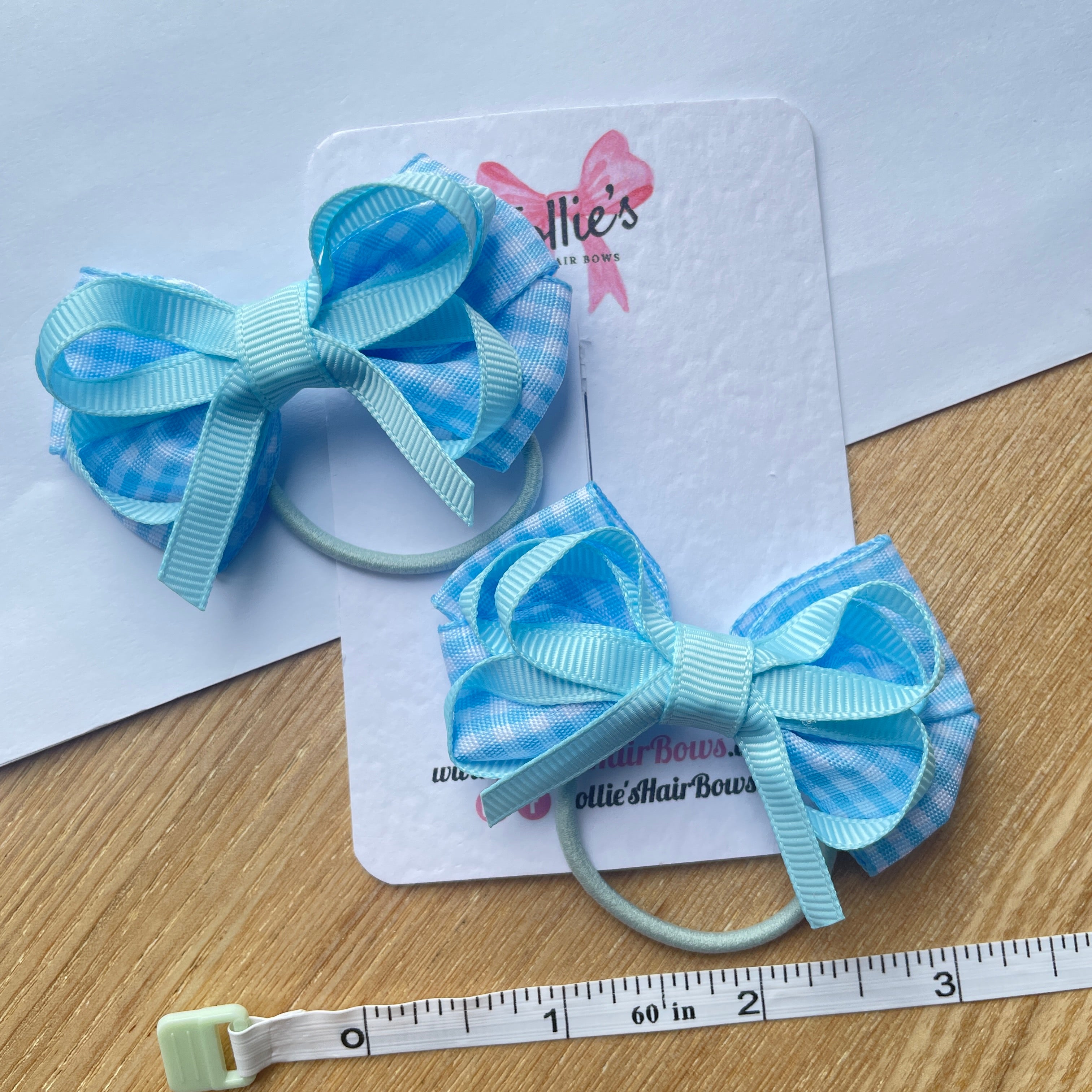 2.5inch Bow with thin elastic (pair) - Light Blue Gingham