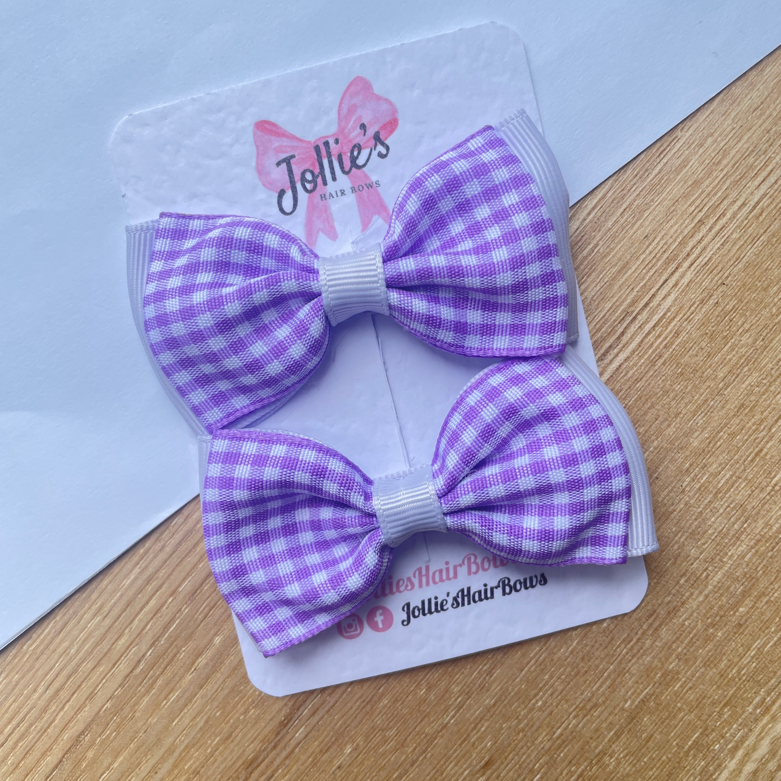 3inch Flat Double Bow with Clip (pair) - Lilac Gingham