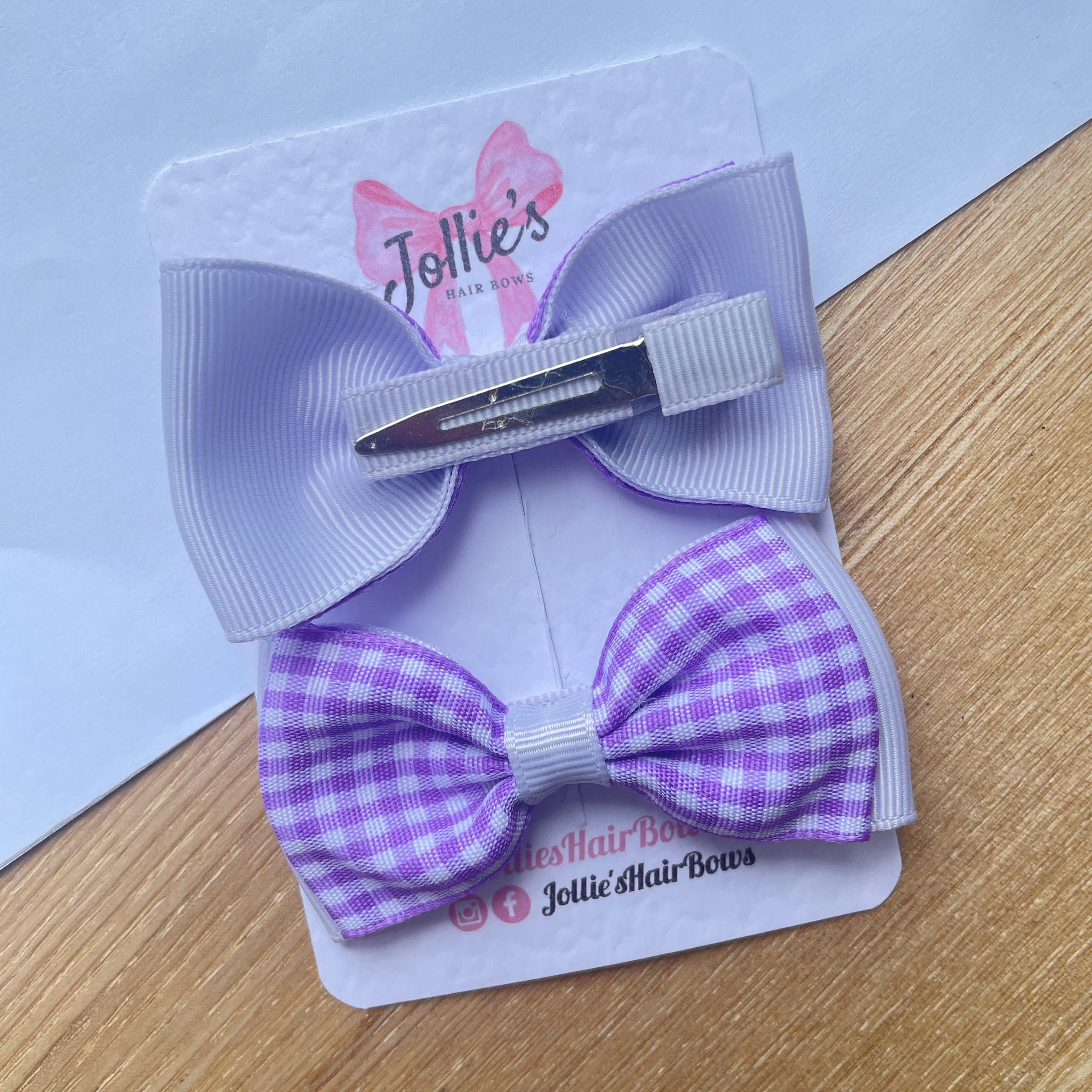 3inch Flat Double Bow with Clip (pair) - Lilac Gingham