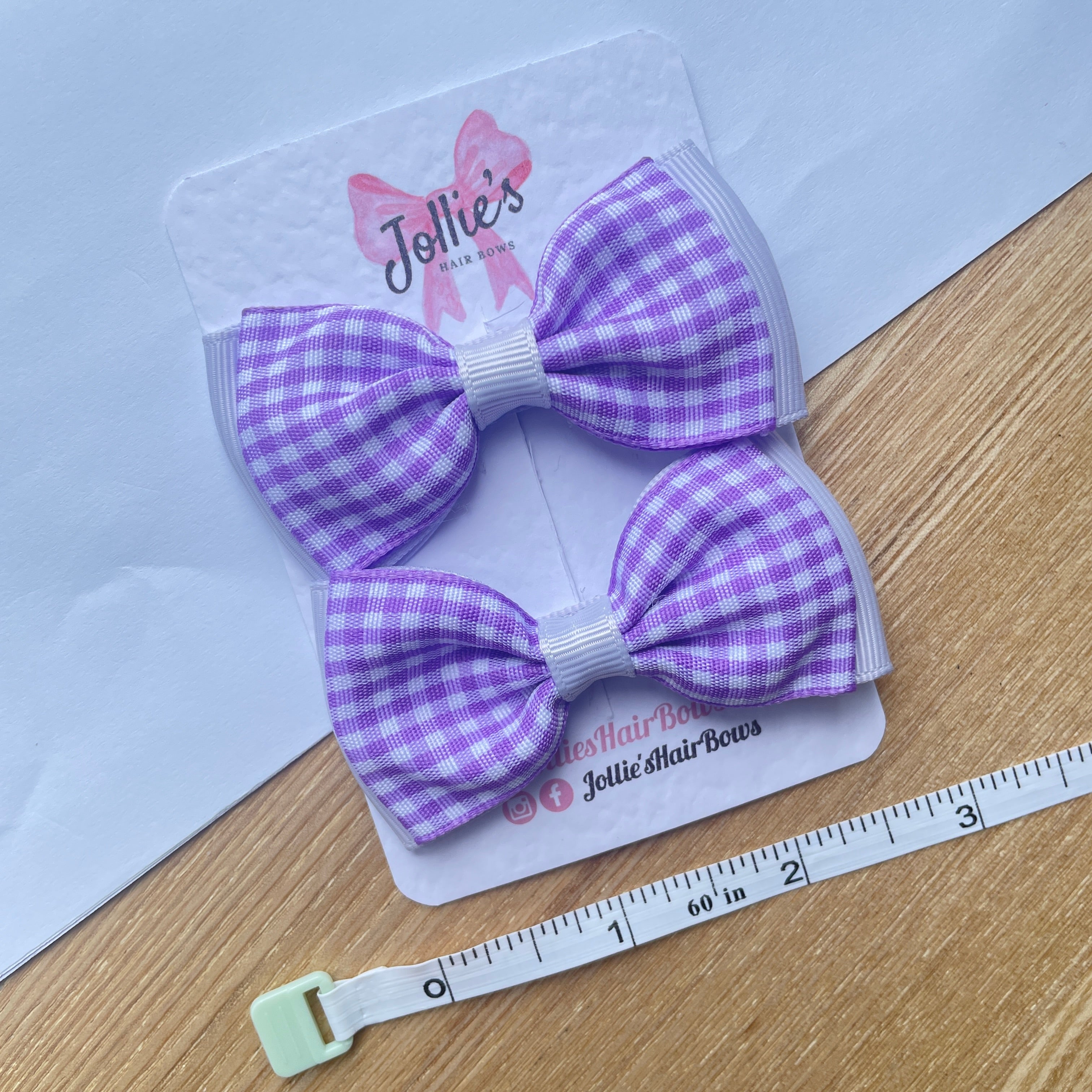 3inch Flat Double Bow with Clip (pair) - Lilac Gingham