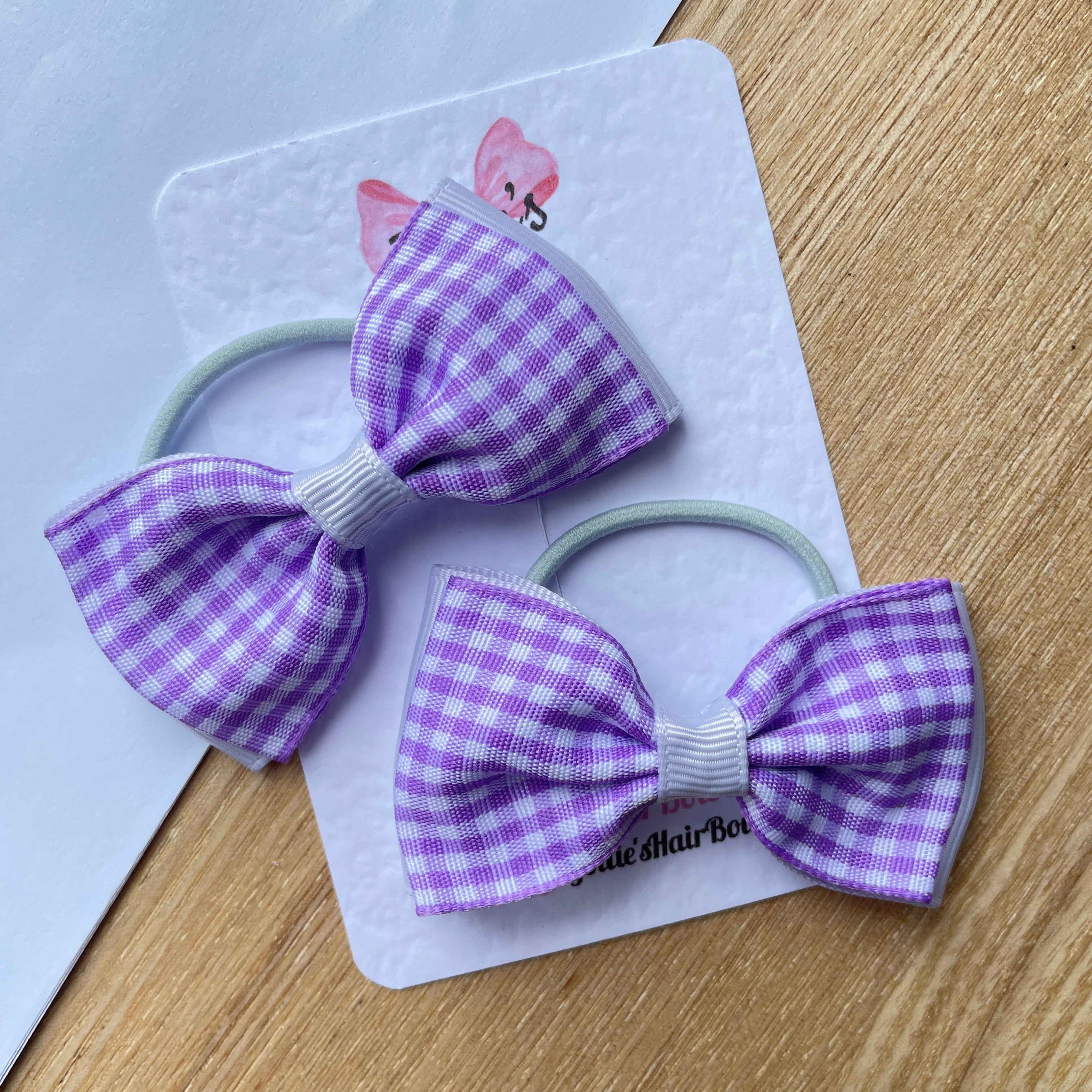 3inch Flat Double Bow with thin elastic (pair) - Lilac Gingham