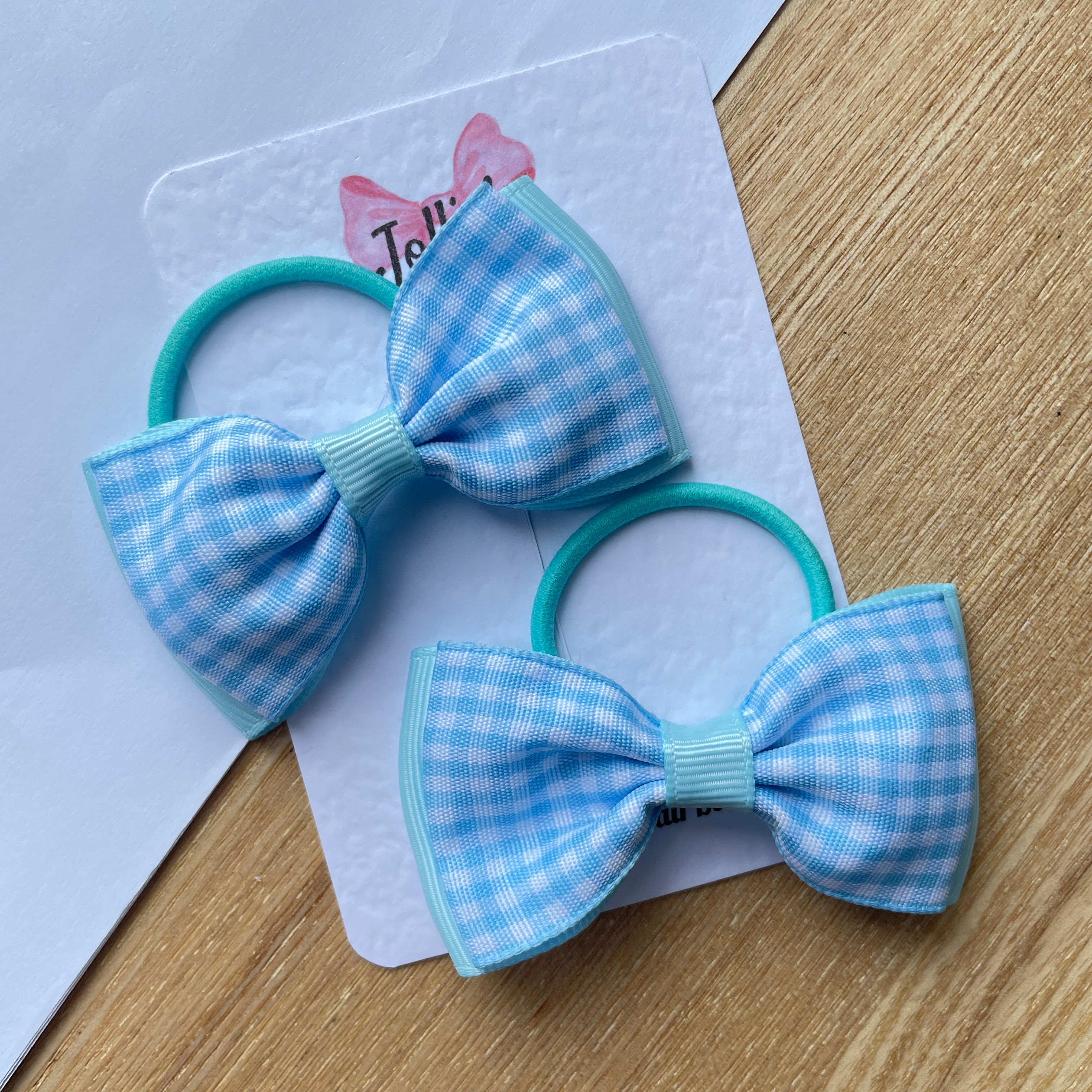 3inch Flat Double Bow with thin elastic (pair) - Blue Gingham