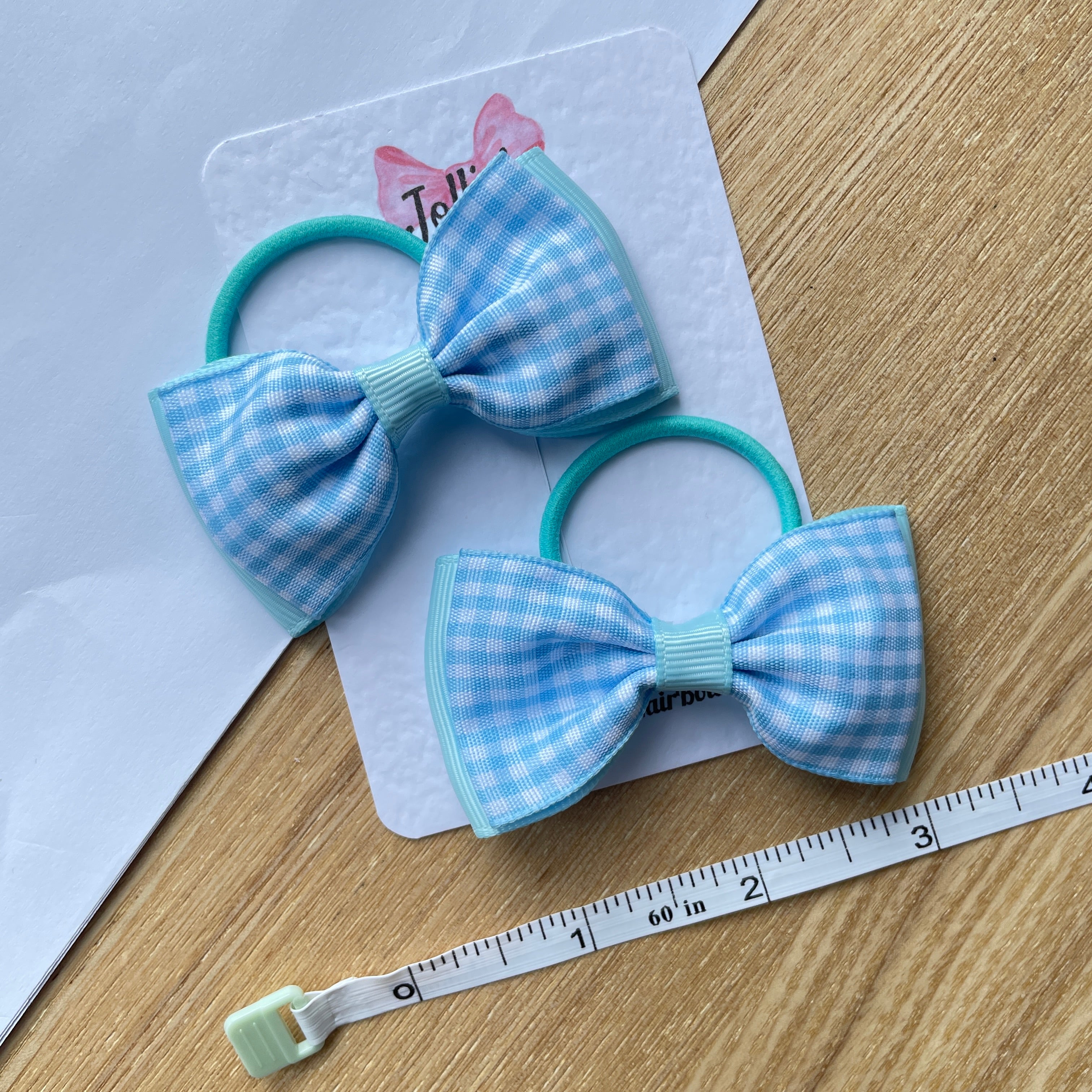 3inch Flat Double Bow with thin elastic (pair) - Blue Gingham