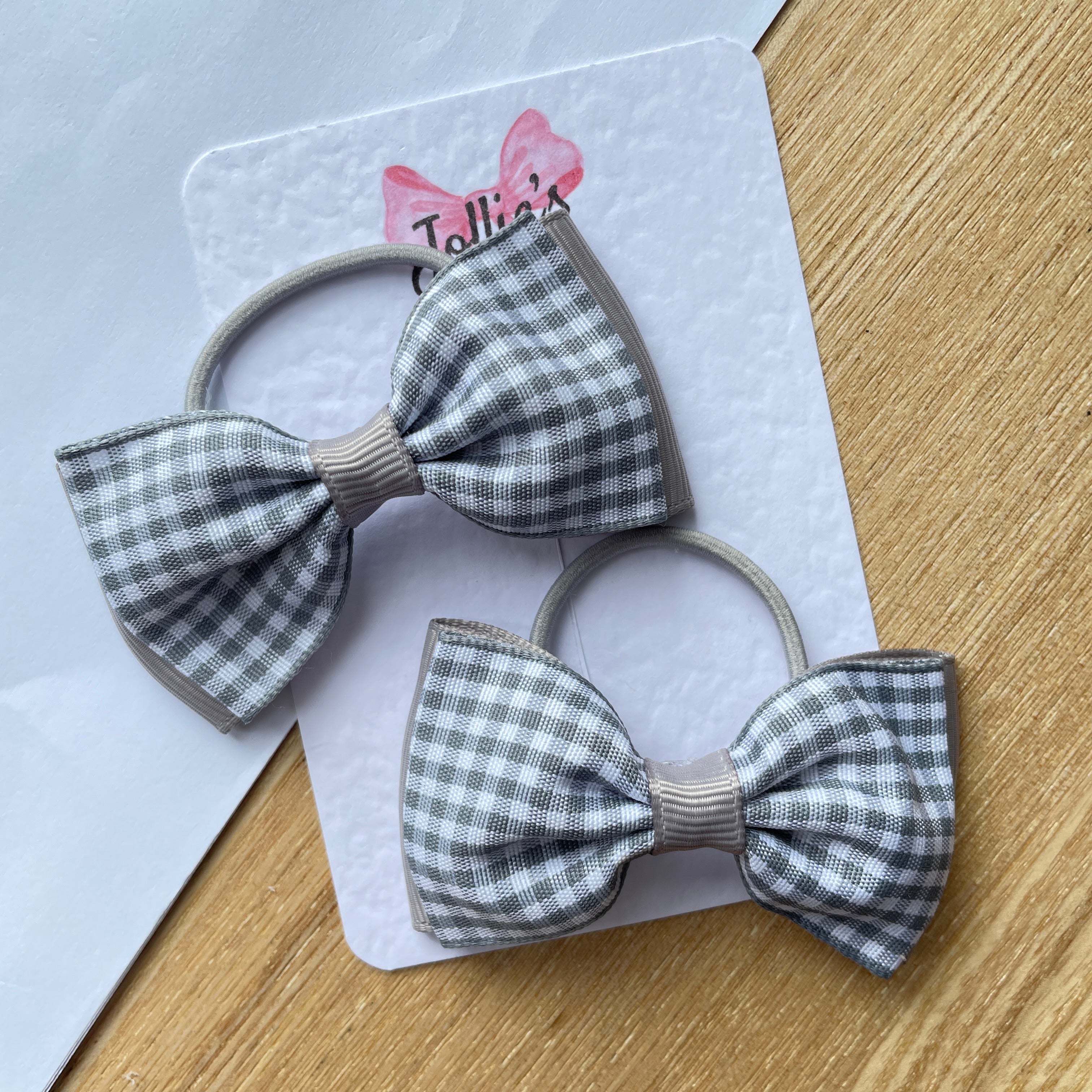 3inch Flat Double Bow with thin elastic (pair) - Silver Gingham