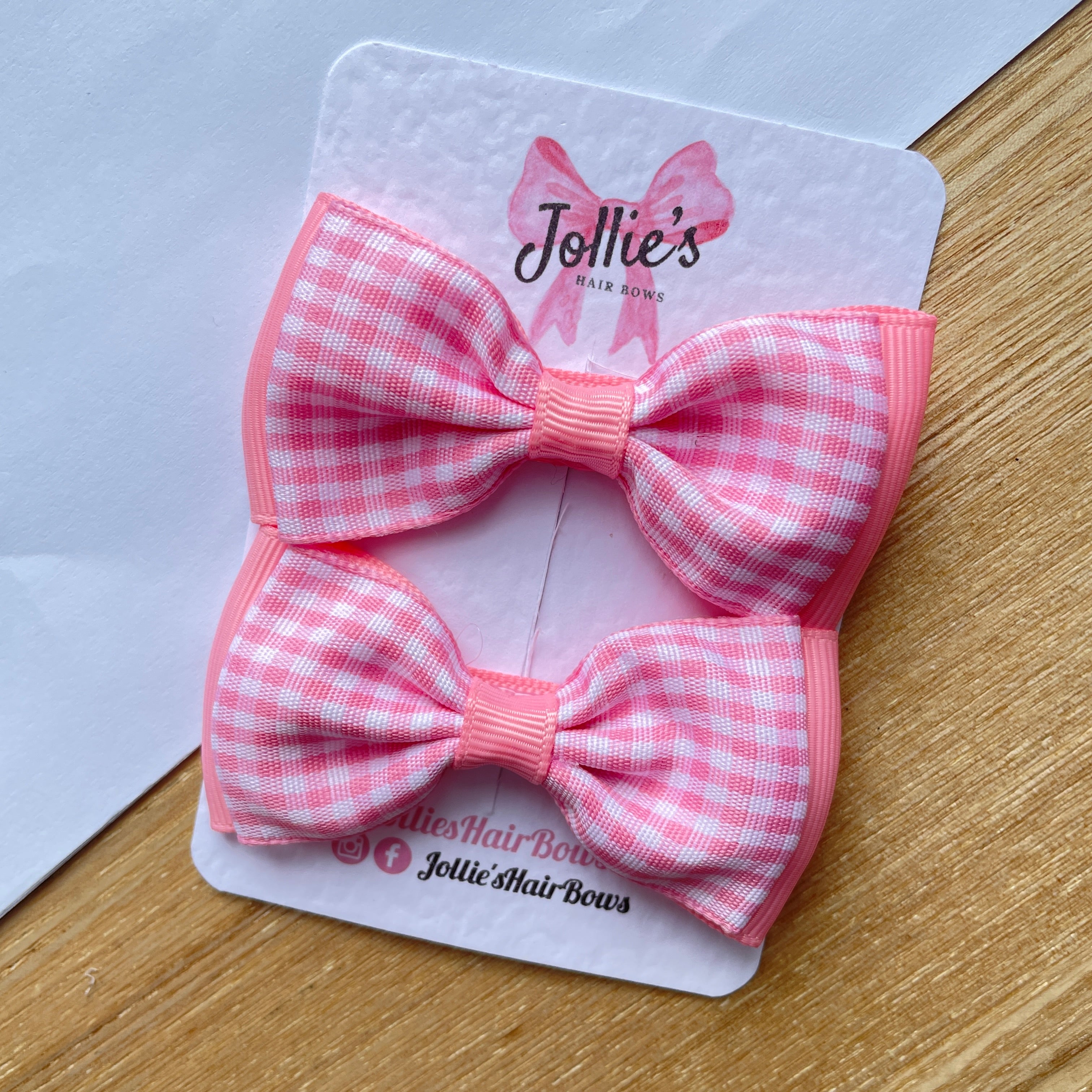 3inch Flat Double Bow with Clip (pair) - Pink Gingham