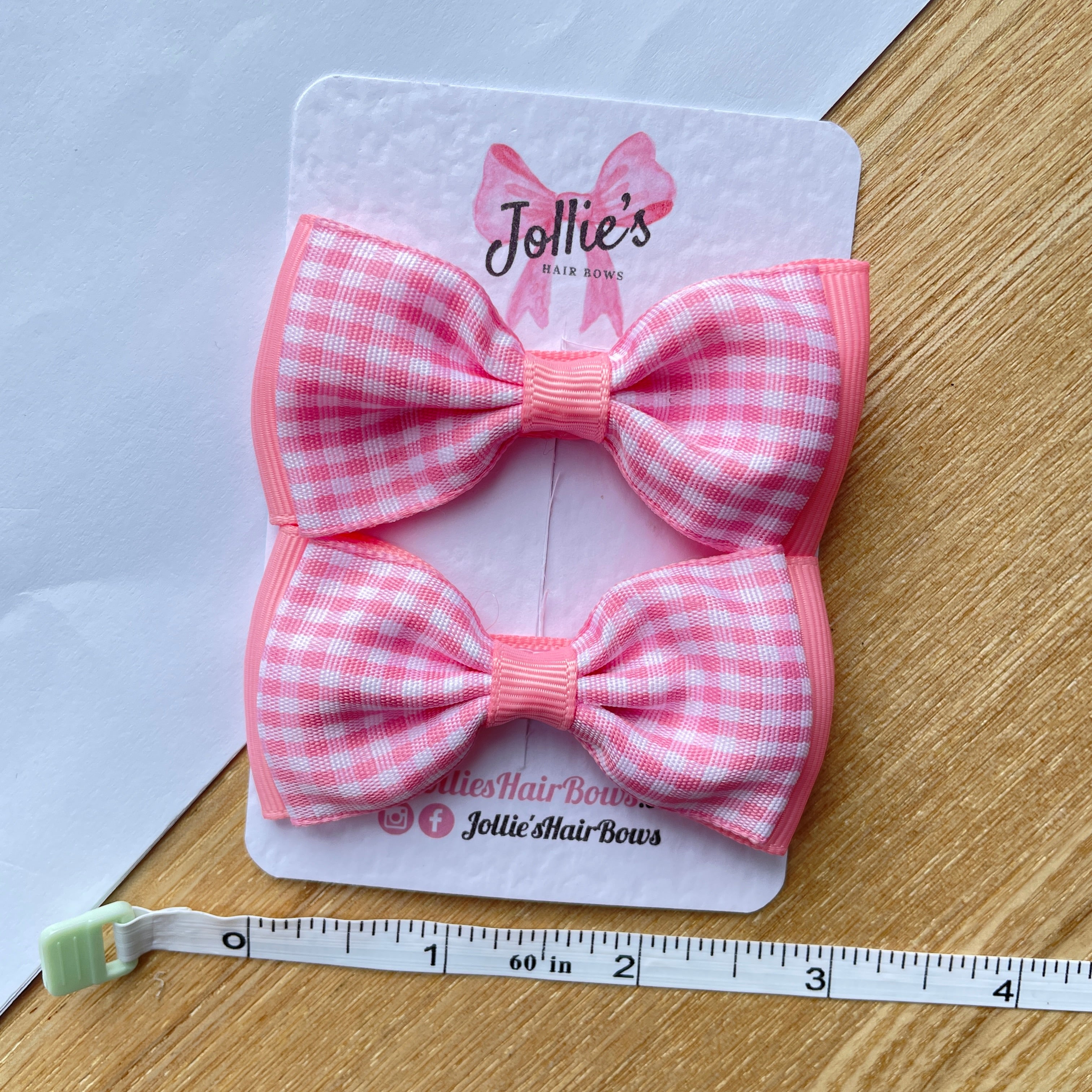 3inch Flat Double Bow with Clip (pair) - Pink Gingham