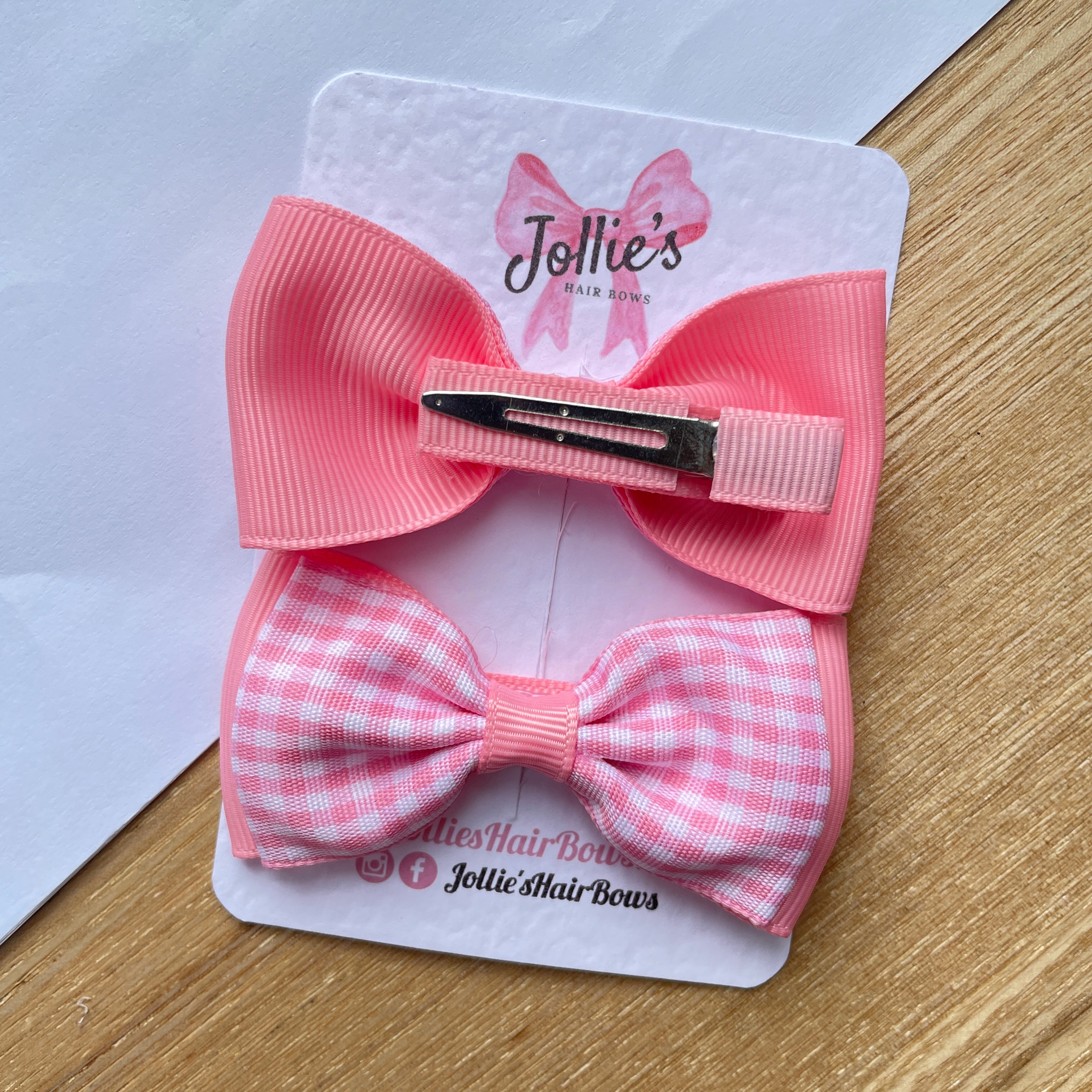 3inch Flat Double Bow with Clip (pair) - Pink Gingham