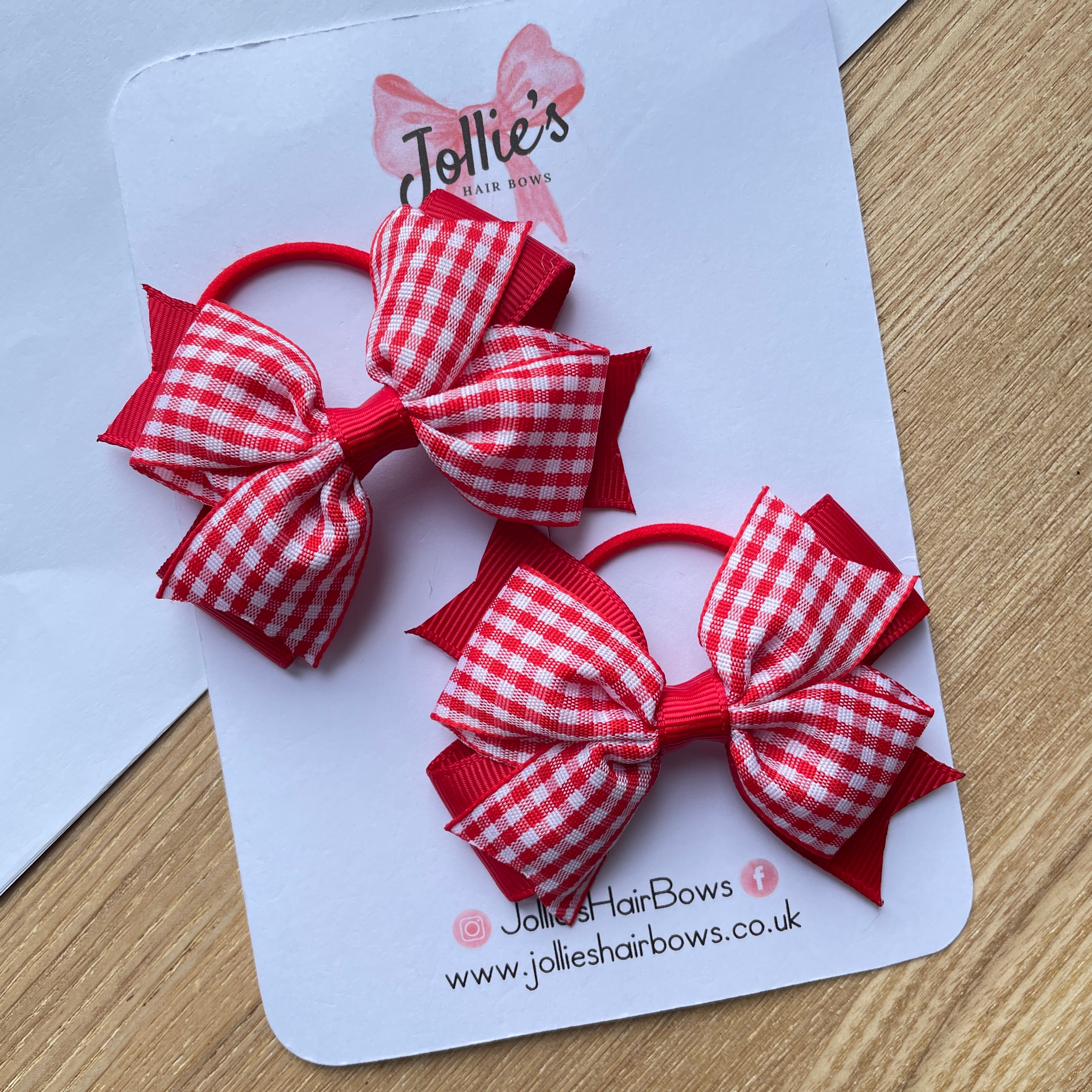 3inch Double Layer Bow with Thin Elastic (pair) - Red Gingham