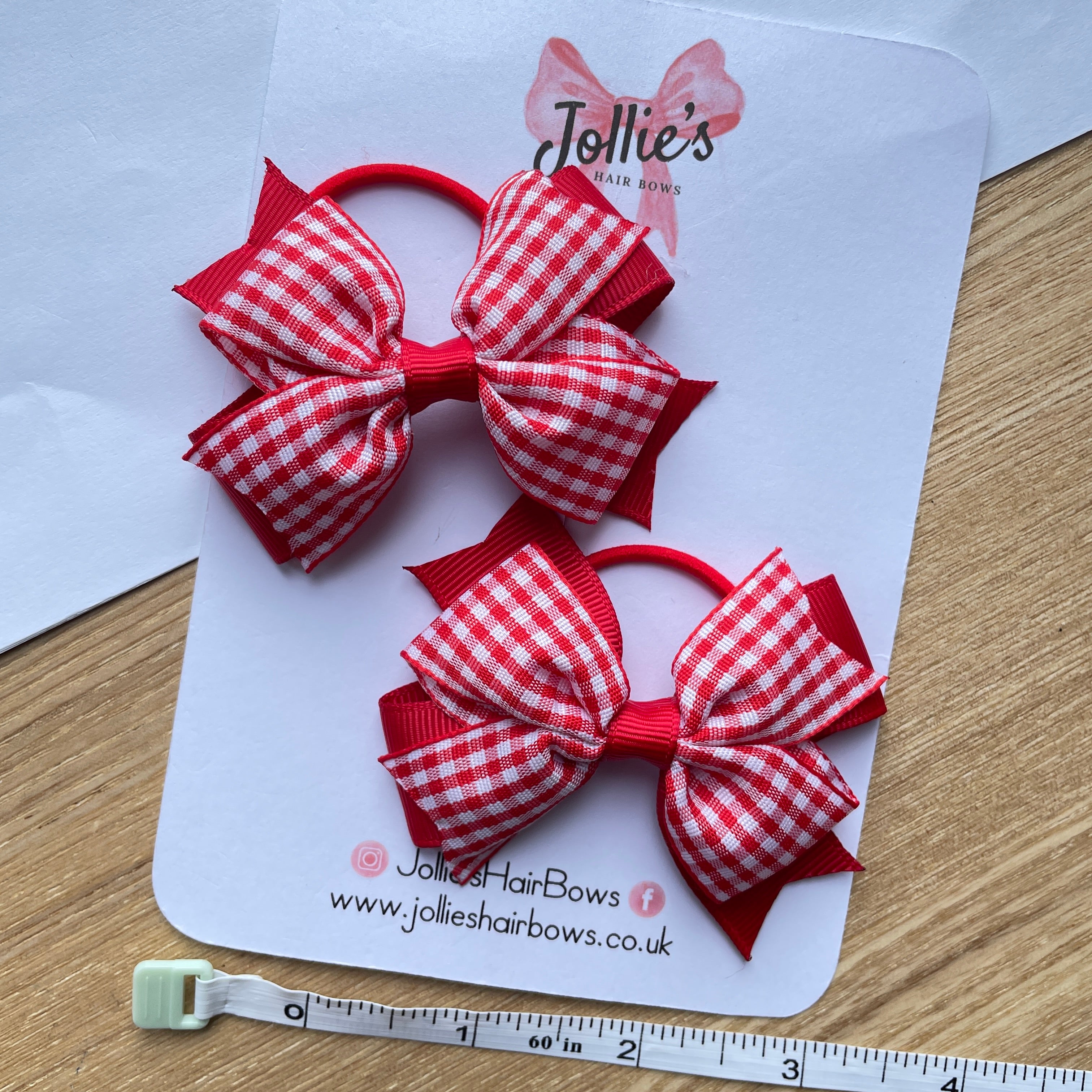 3inch Double Layer Bow with Thin Elastic (pair) - Red Gingham