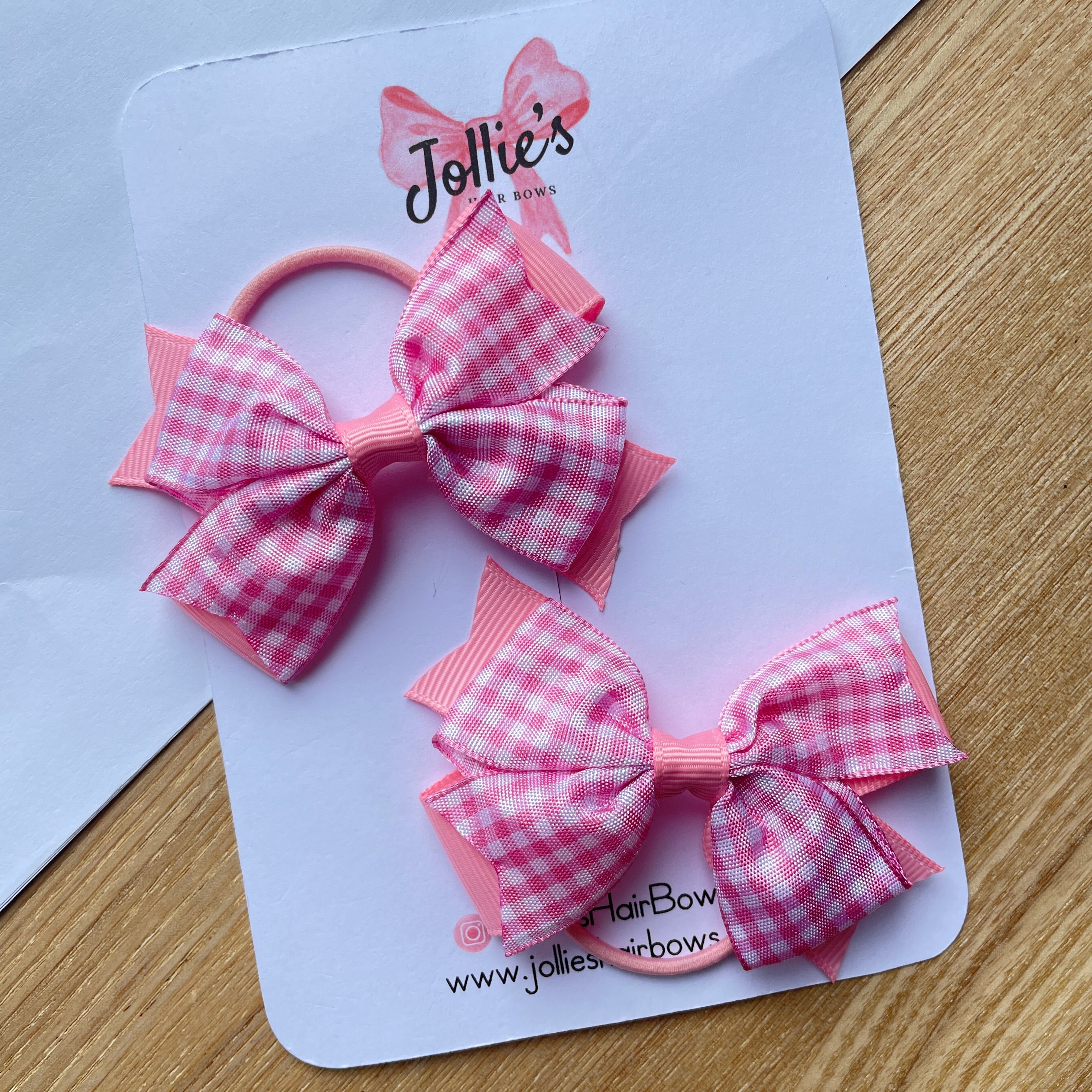 3inch Double Layer Bow with Thin Elastic (pair) - Pink Gingham