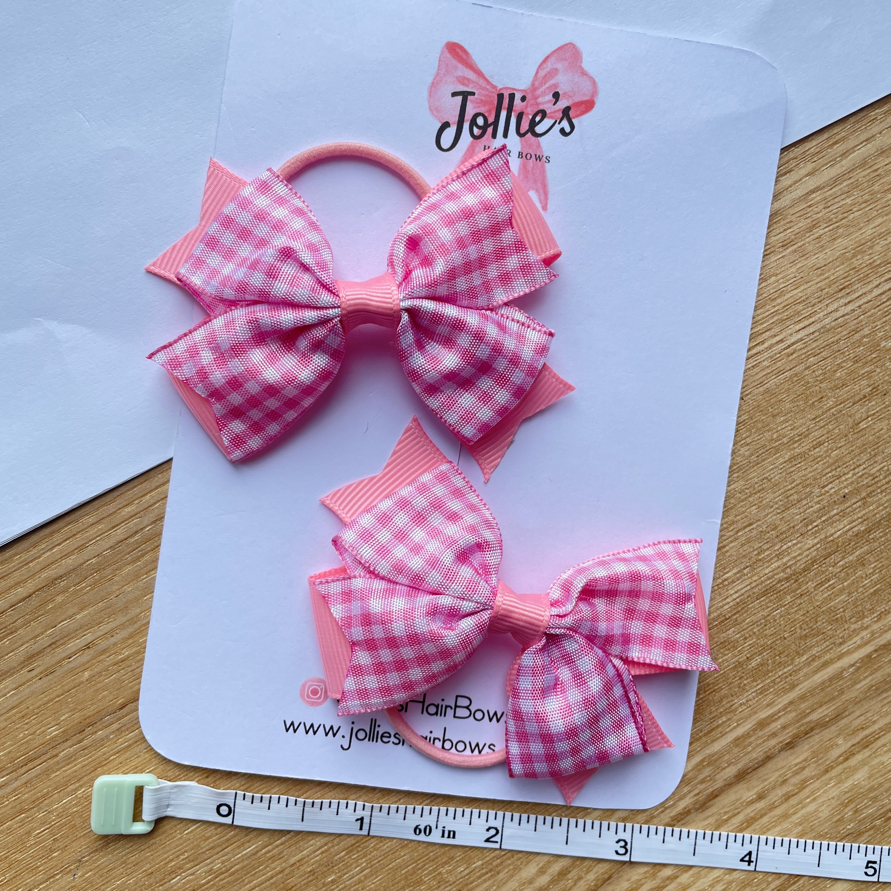 3inch Double Layer Bow with Thin Elastic (pair) - Pink Gingham