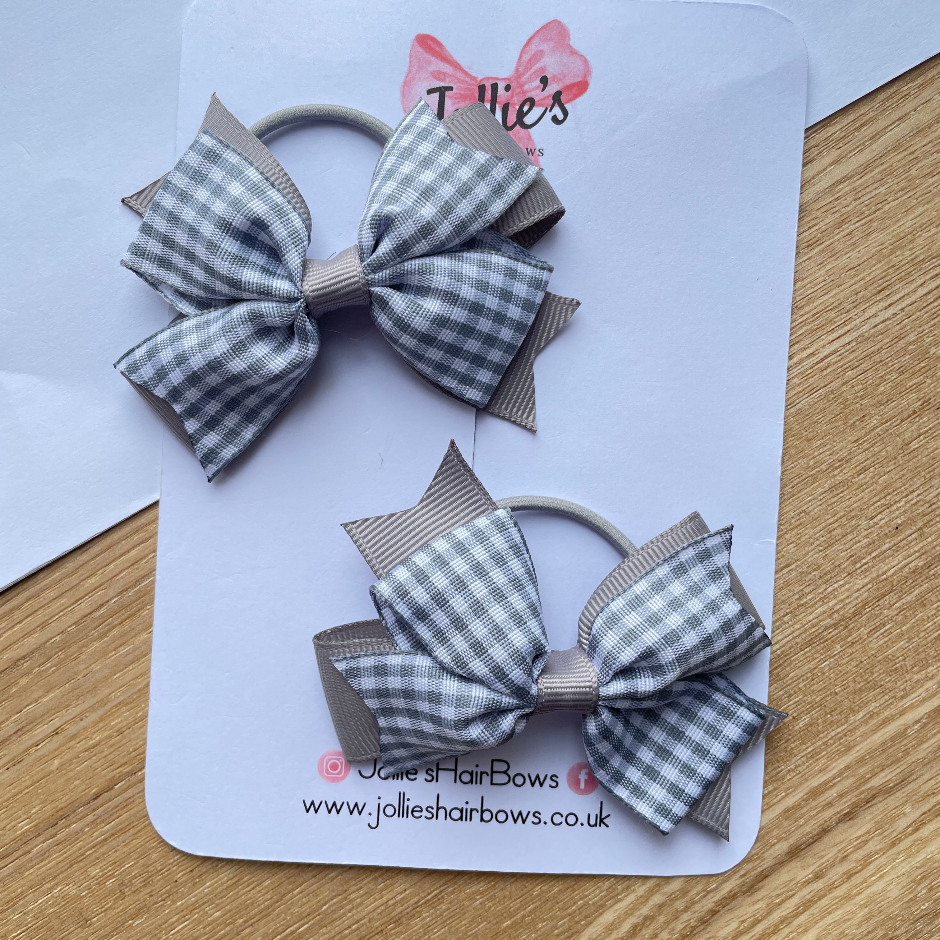 3inch Double Layer Bow with Thin Elastic (pair) - Silver Gingham