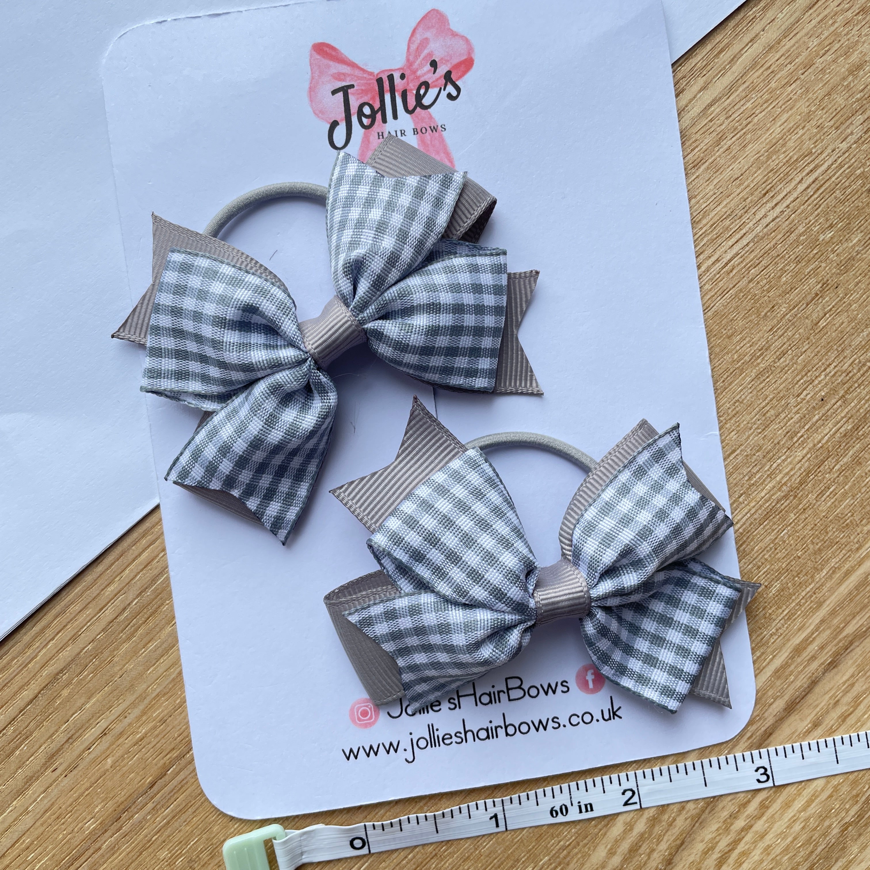 3inch Double Layer Bow with Thin Elastic (pair) - Silver Gingham