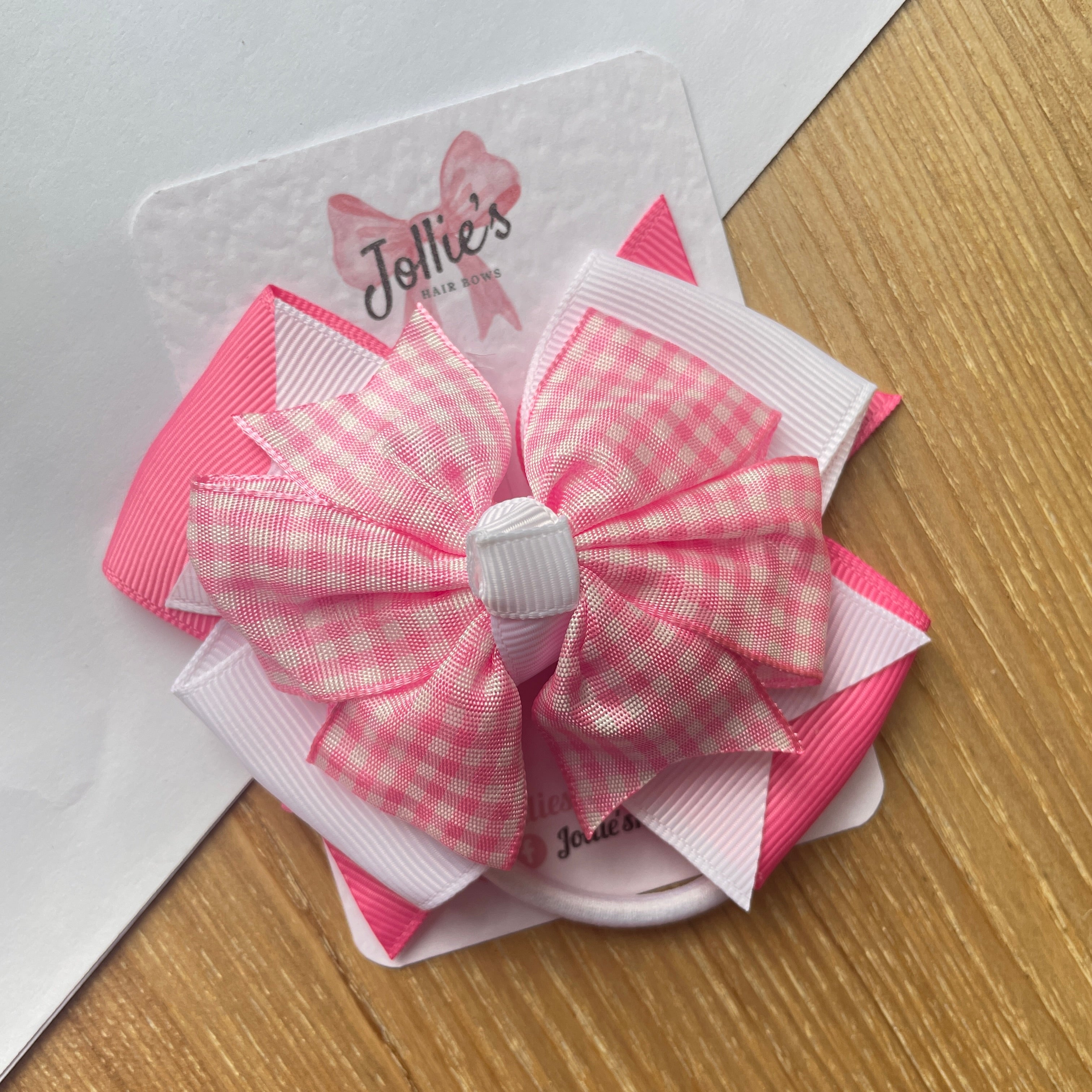 4inch Triple Layer Bow with Bobble - Pink Gingham