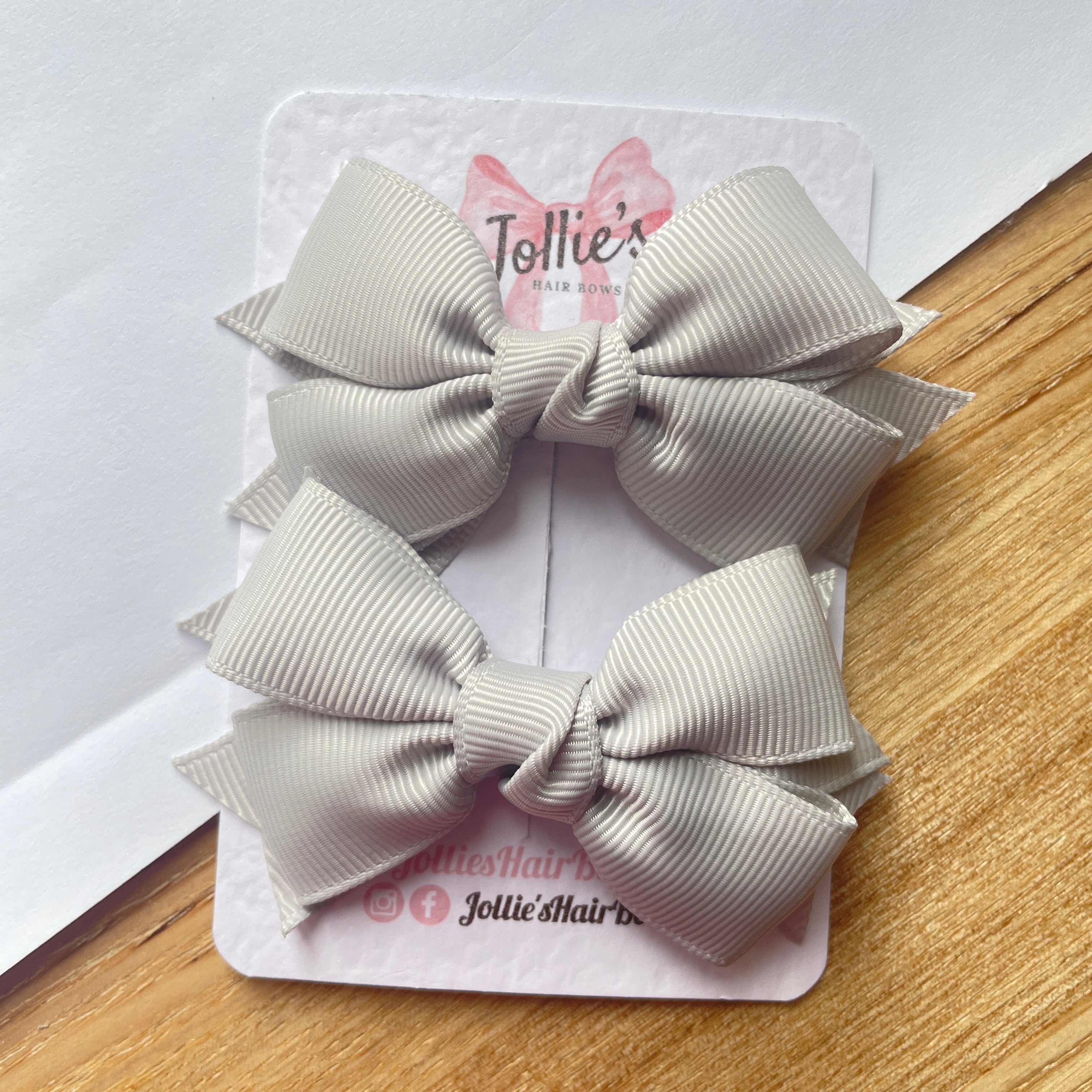 3inch Layered Bow with Clip (pair) - Shell Grey