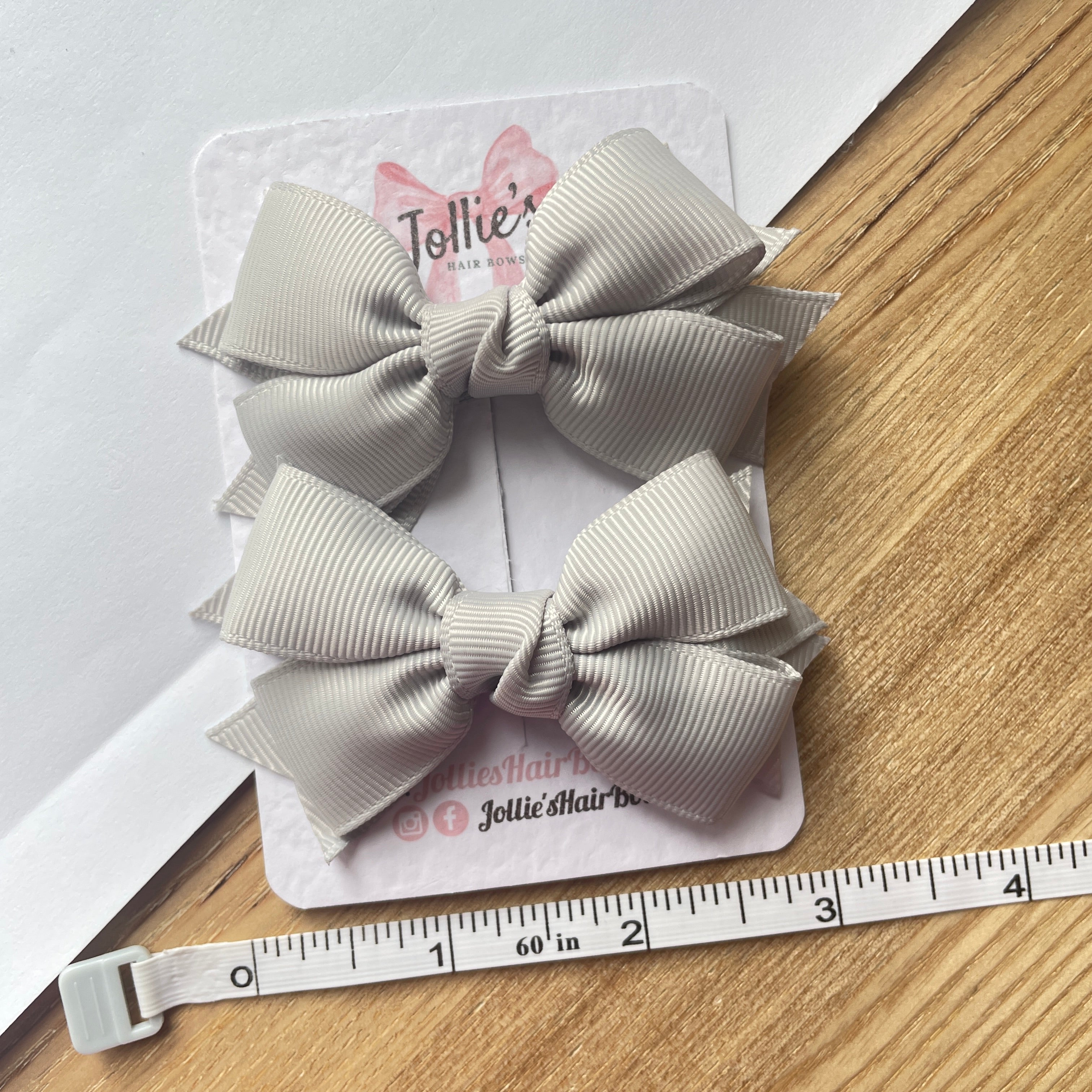 3inch Layered Bow with Clip (pair) - Shell Grey