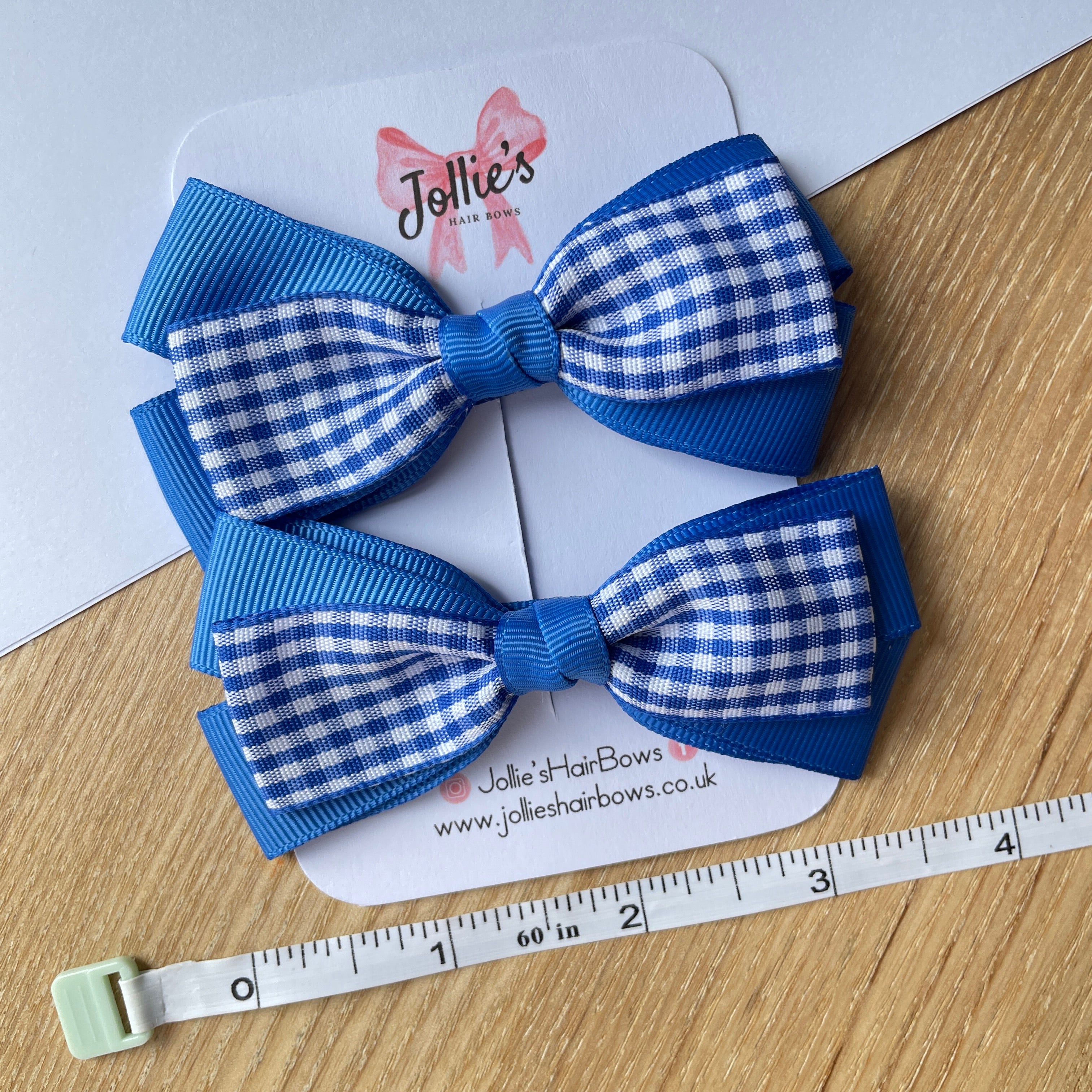 3.5inch Bow with Clip (pair) - Royal Blue Gingham