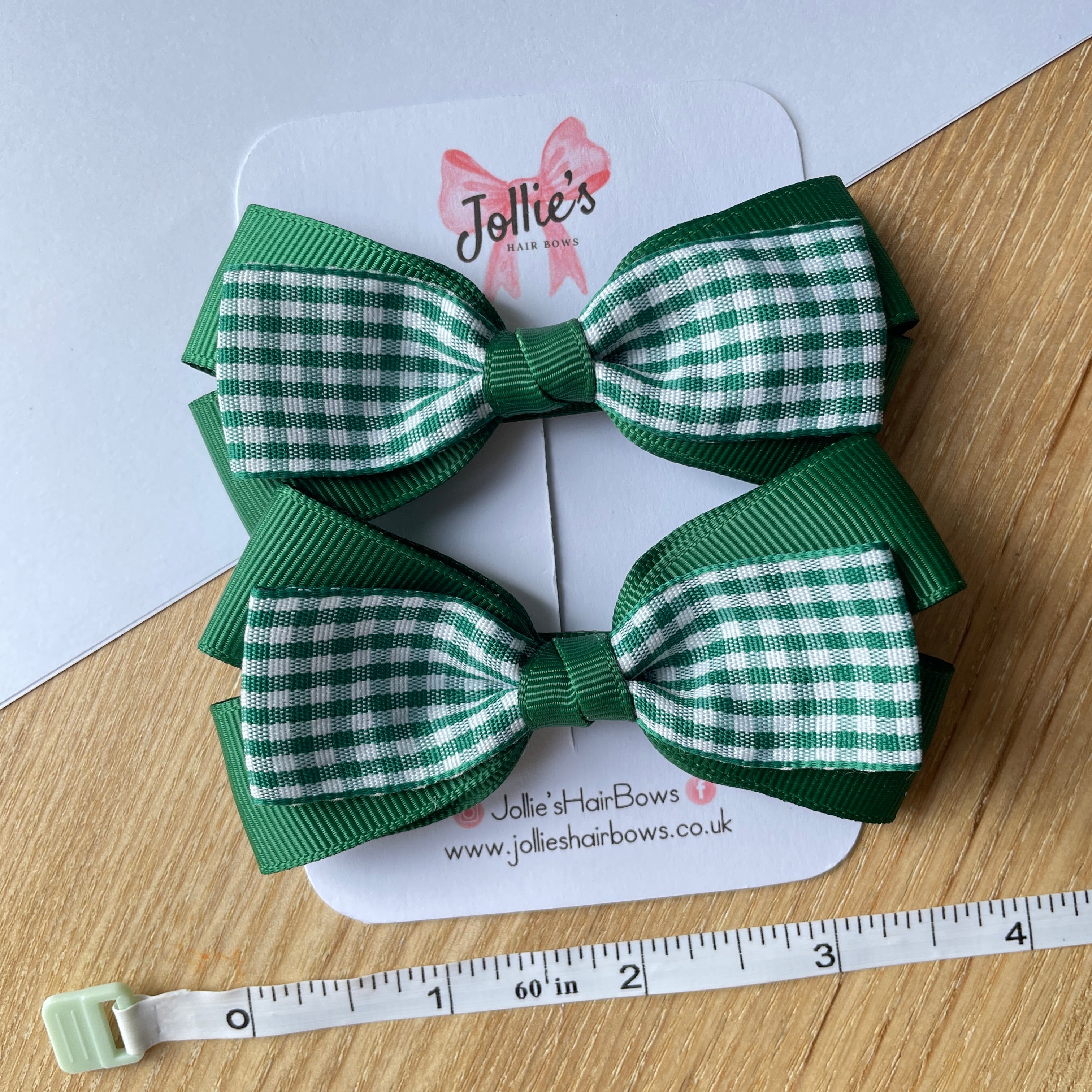 3.5inch Bow with Clip (pair) - Green Gingham