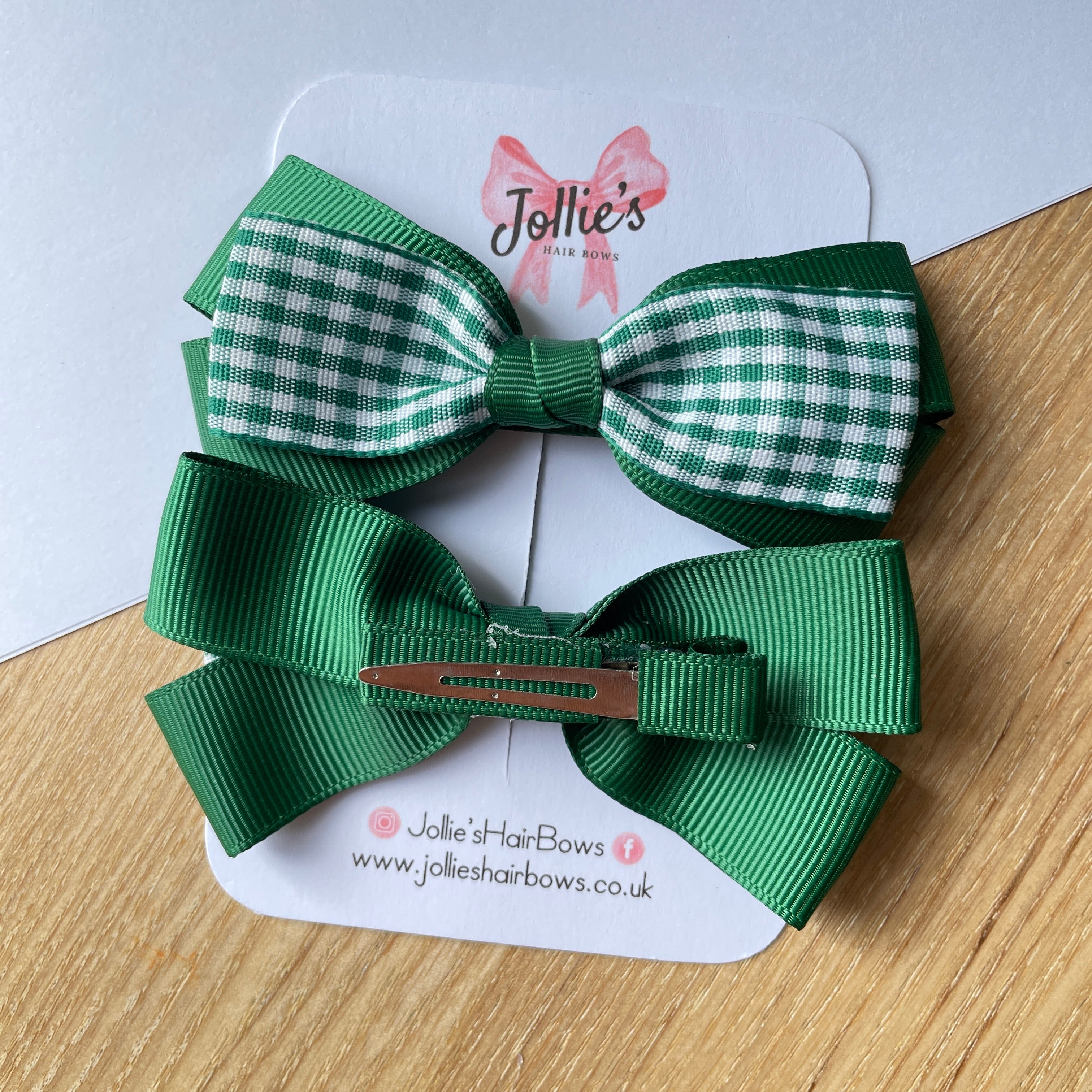 3.5inch Bow with Clip (pair) - Green Gingham