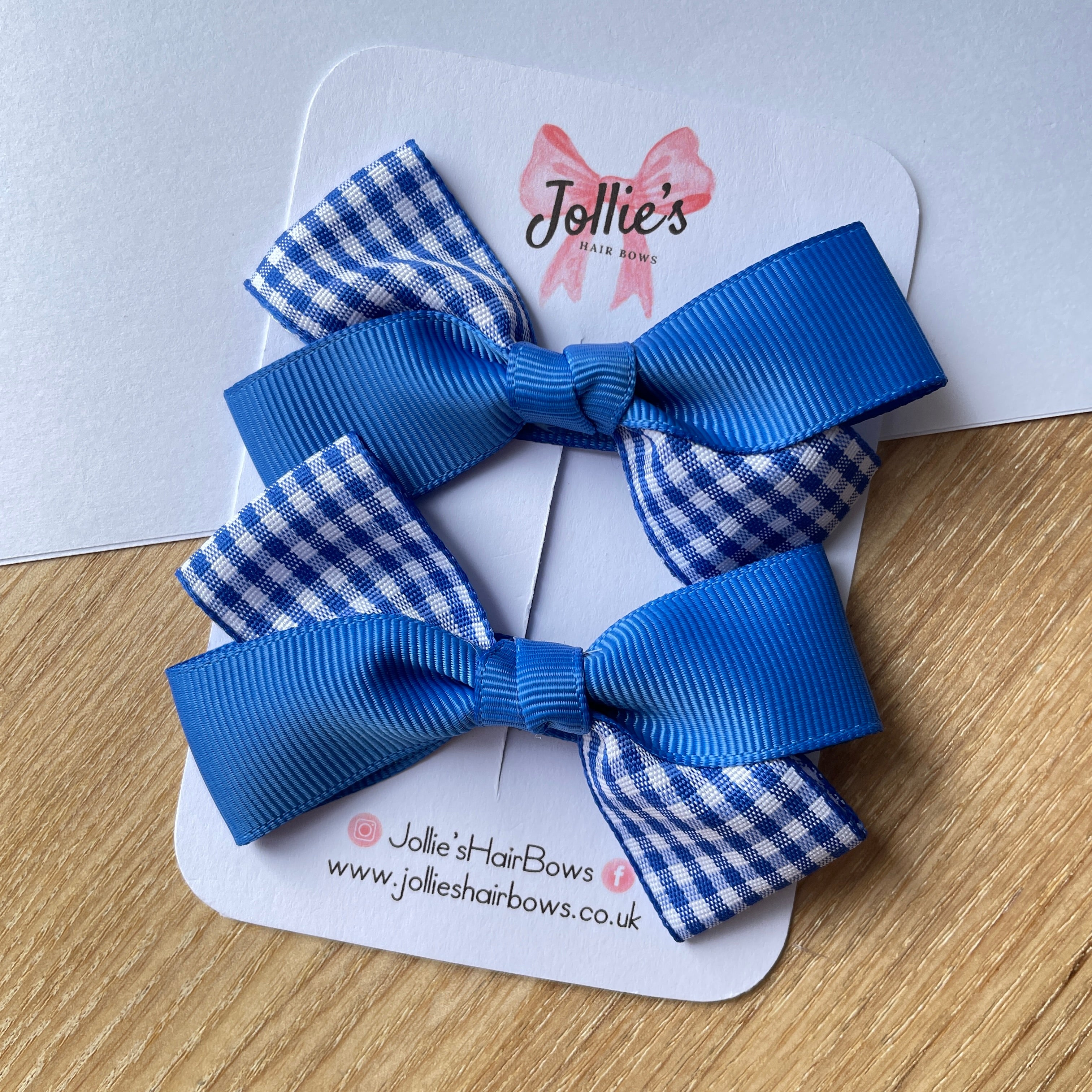 3inch Bow with Clip (pair) - Royal Blue Gingham