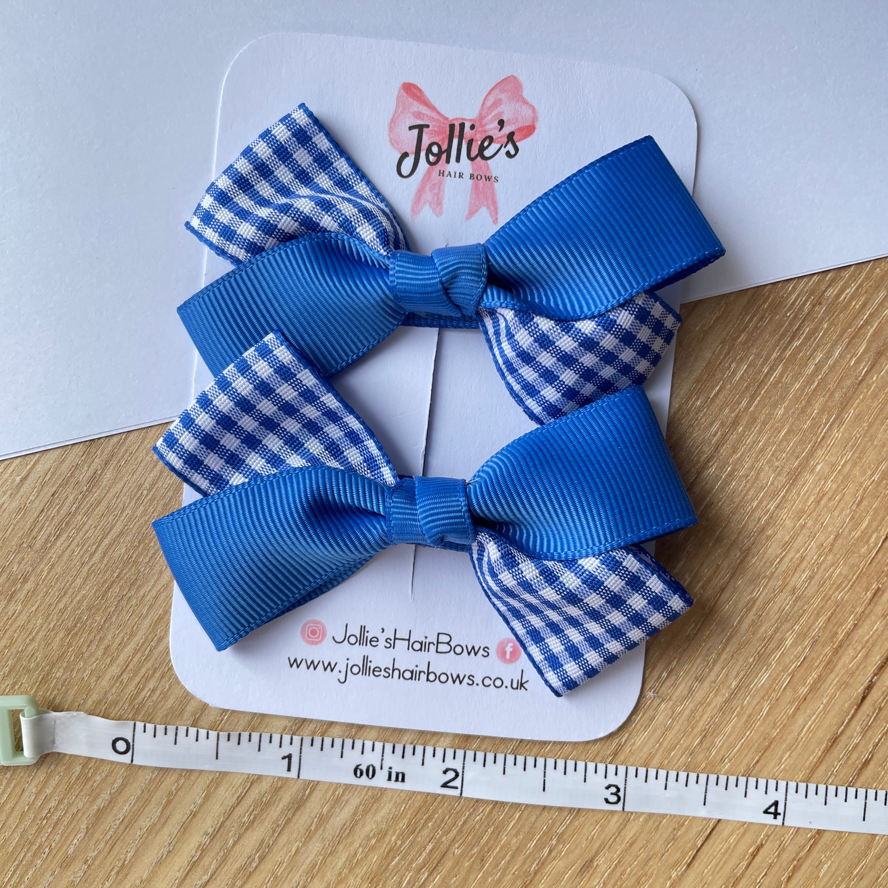 3inch Bow with Clip (pair) - Royal Blue Gingham