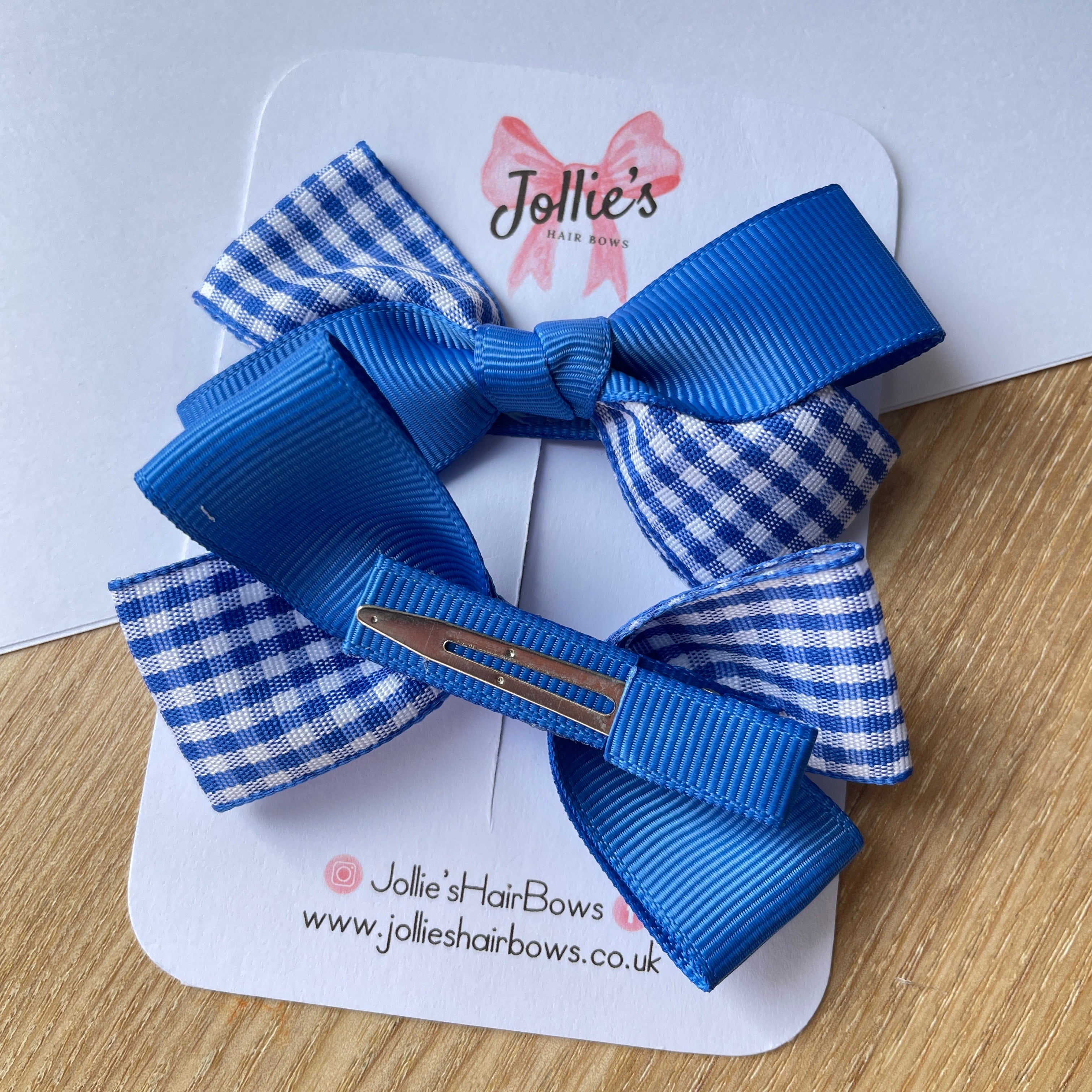 3inch Bow with Clip (pair) - Royal Blue Gingham