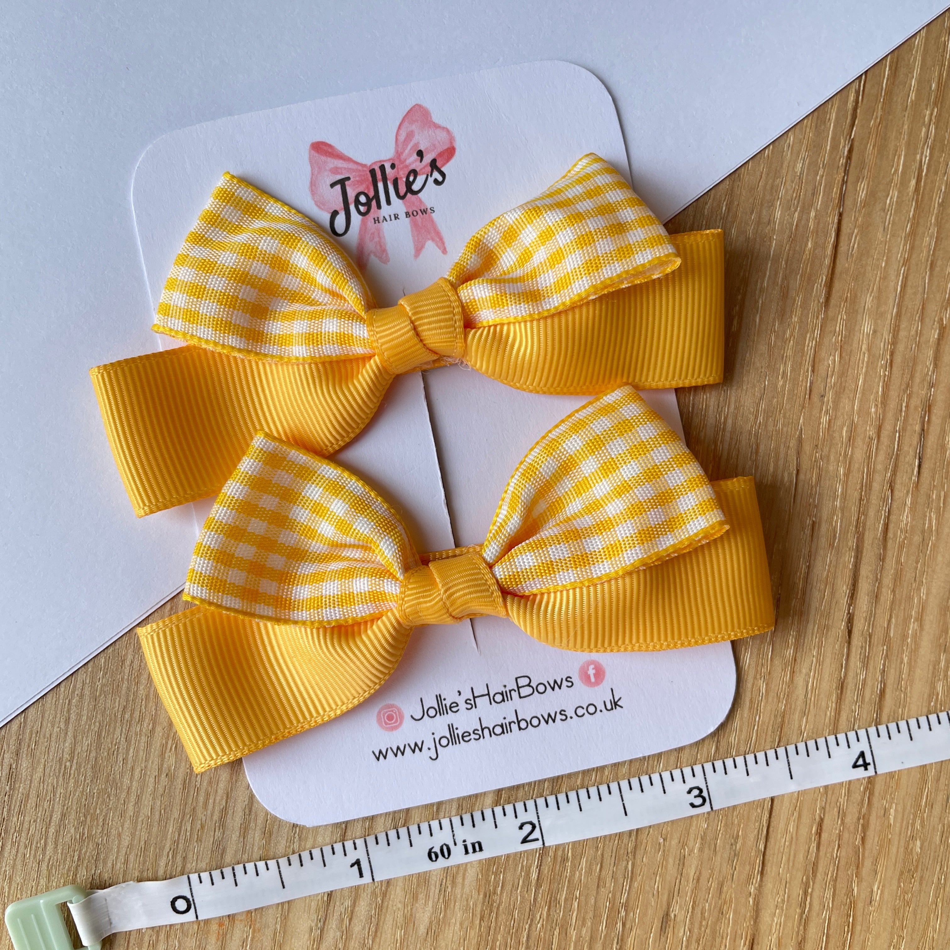 3.5inch Ribbon Bow with Clip (pair) - Yellow Gingham