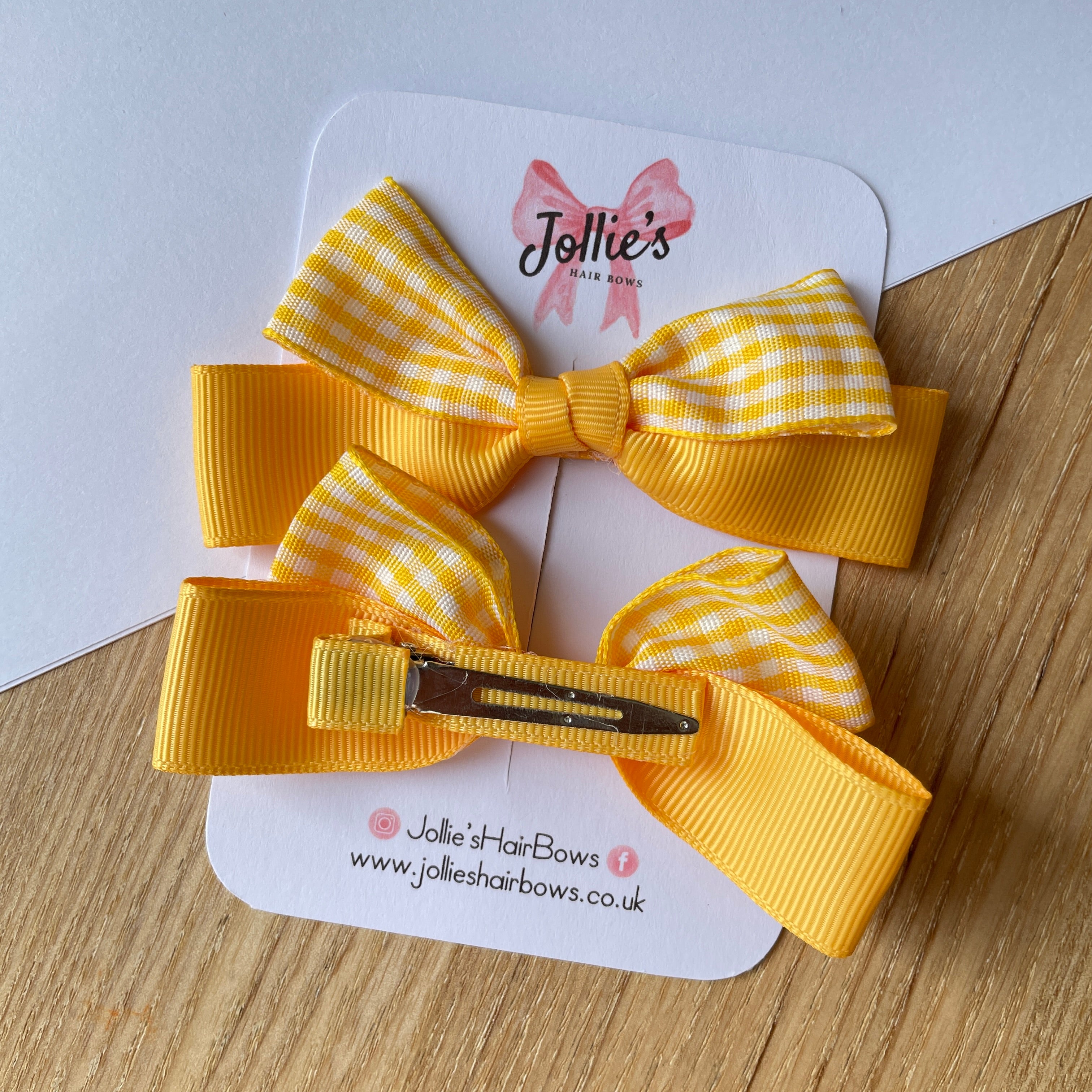 3.5inch Ribbon Bow with Clip (pair) - Yellow Gingham