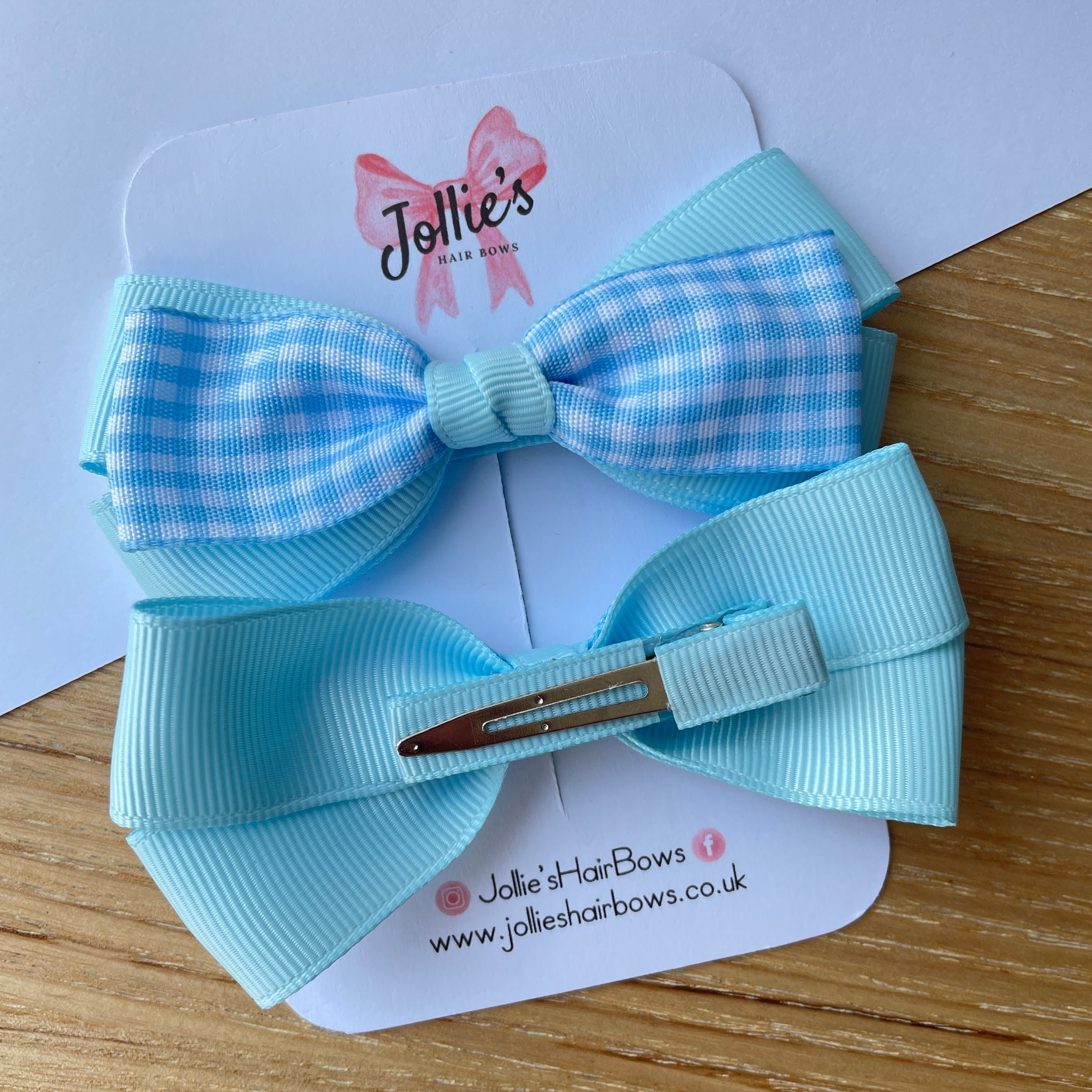 3.5inch Bow with Clip (pair) - Light Blue Gingham