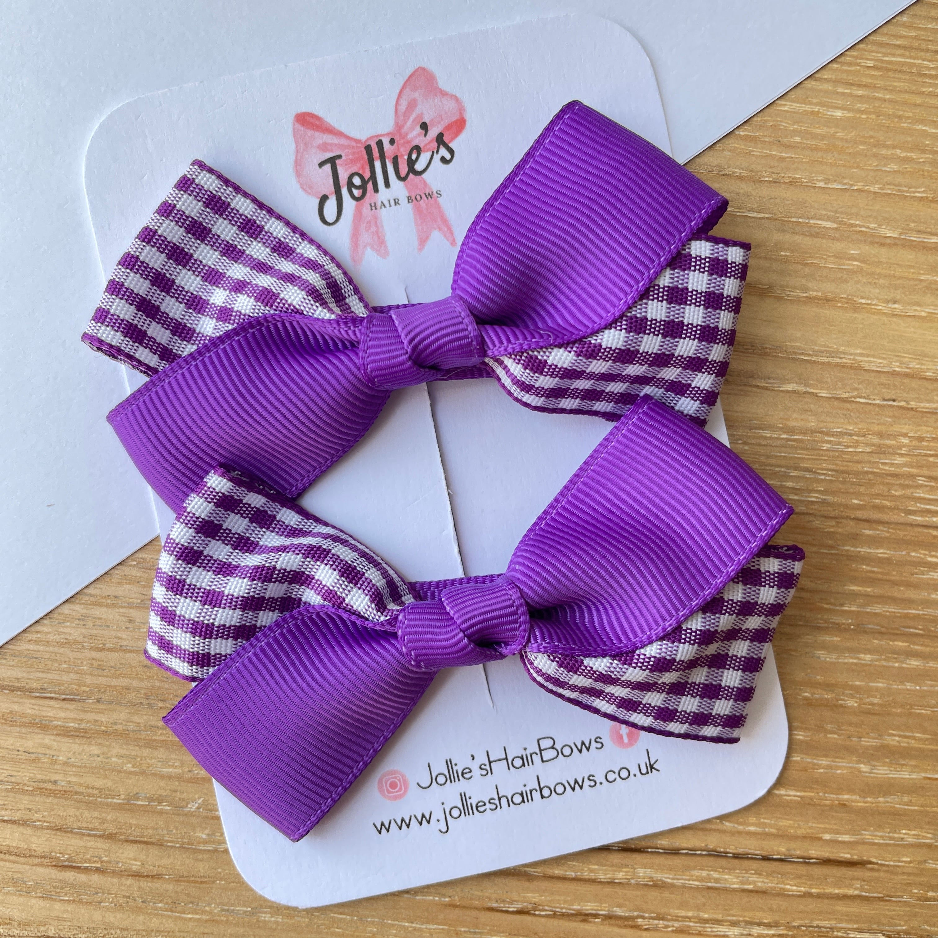 3inch Bow with Clip (pair) - Purple Gingham