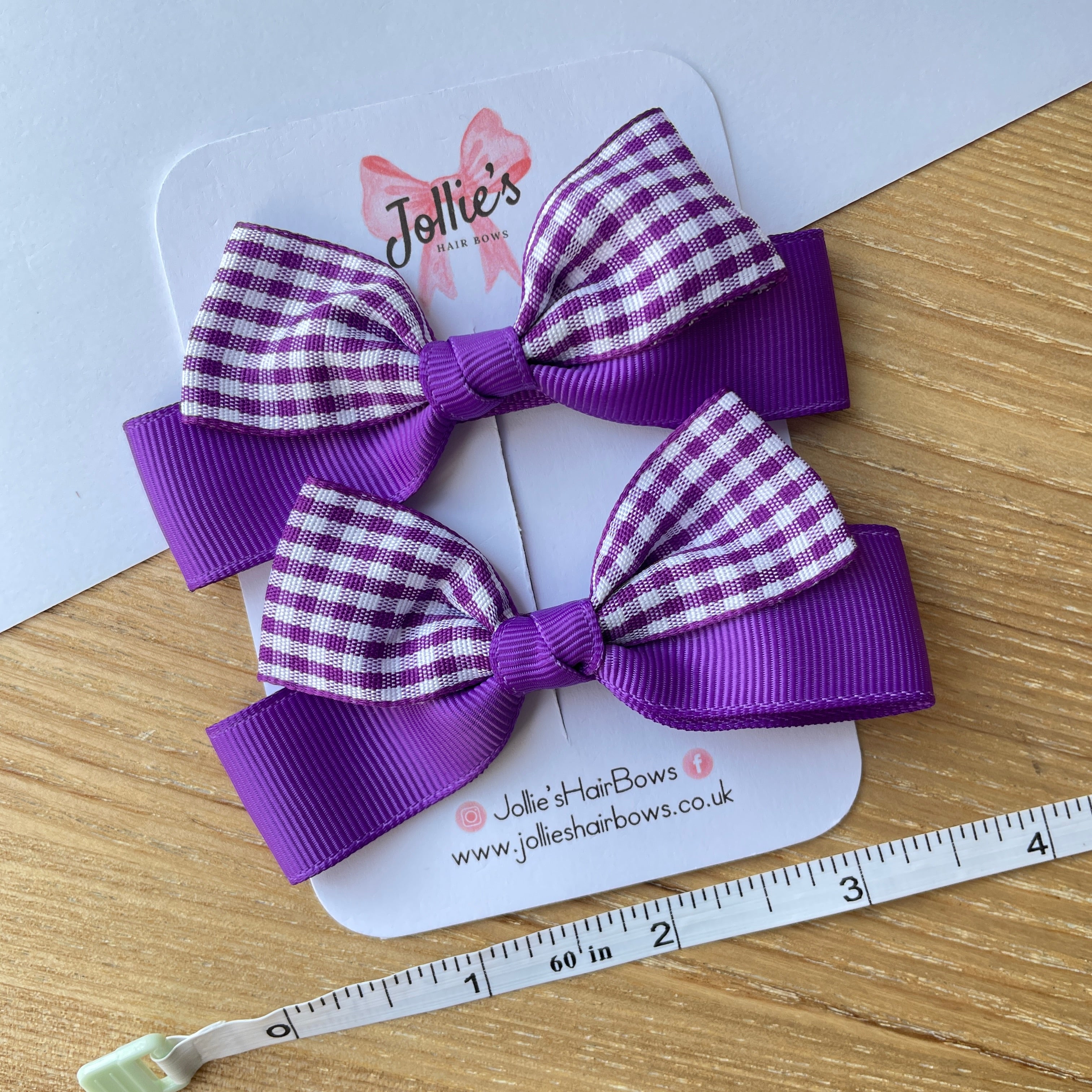 3.5inch Ribbon Bow with Clip (pair) - Purple Gingham