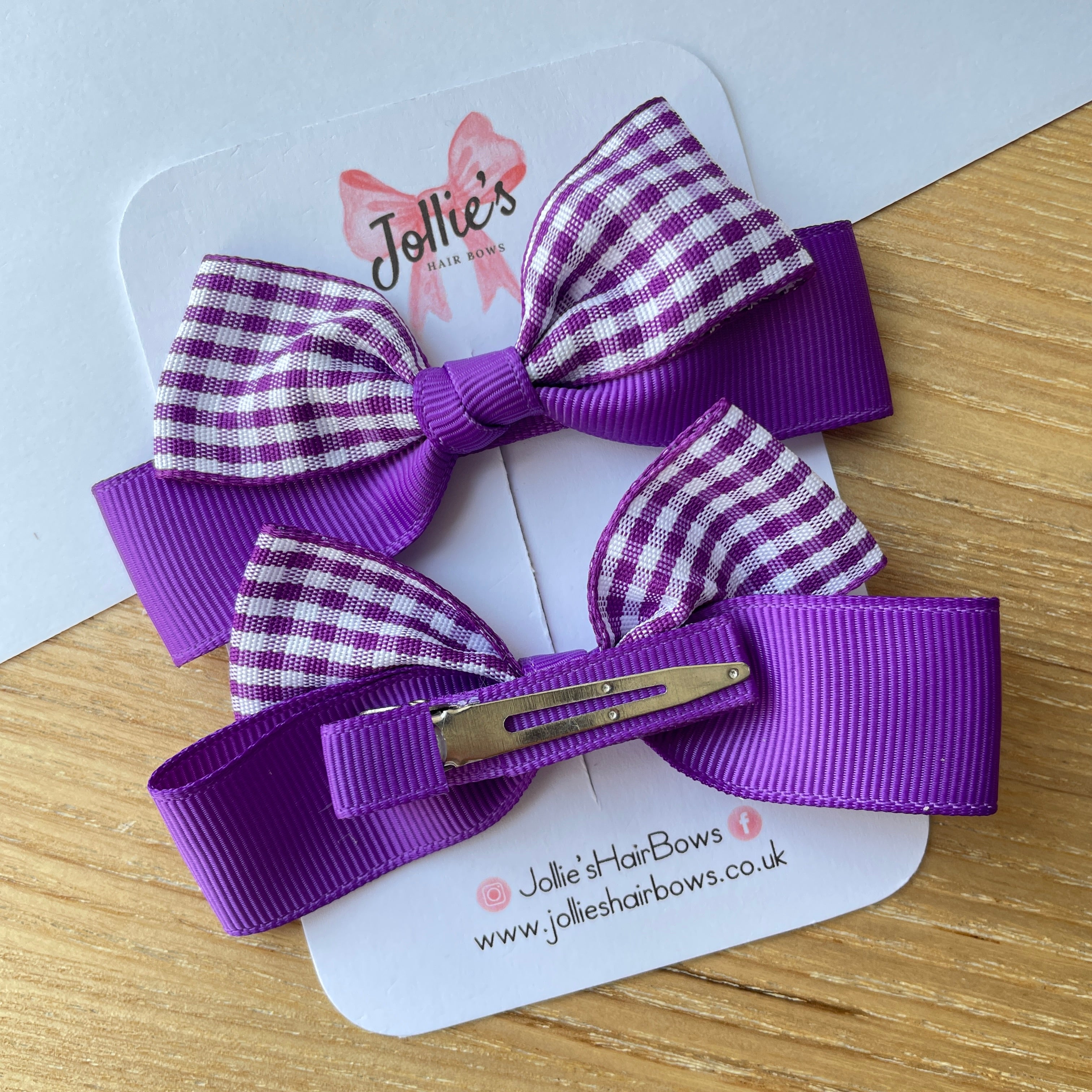 3.5inch Ribbon Bow with Clip (pair) - Purple Gingham