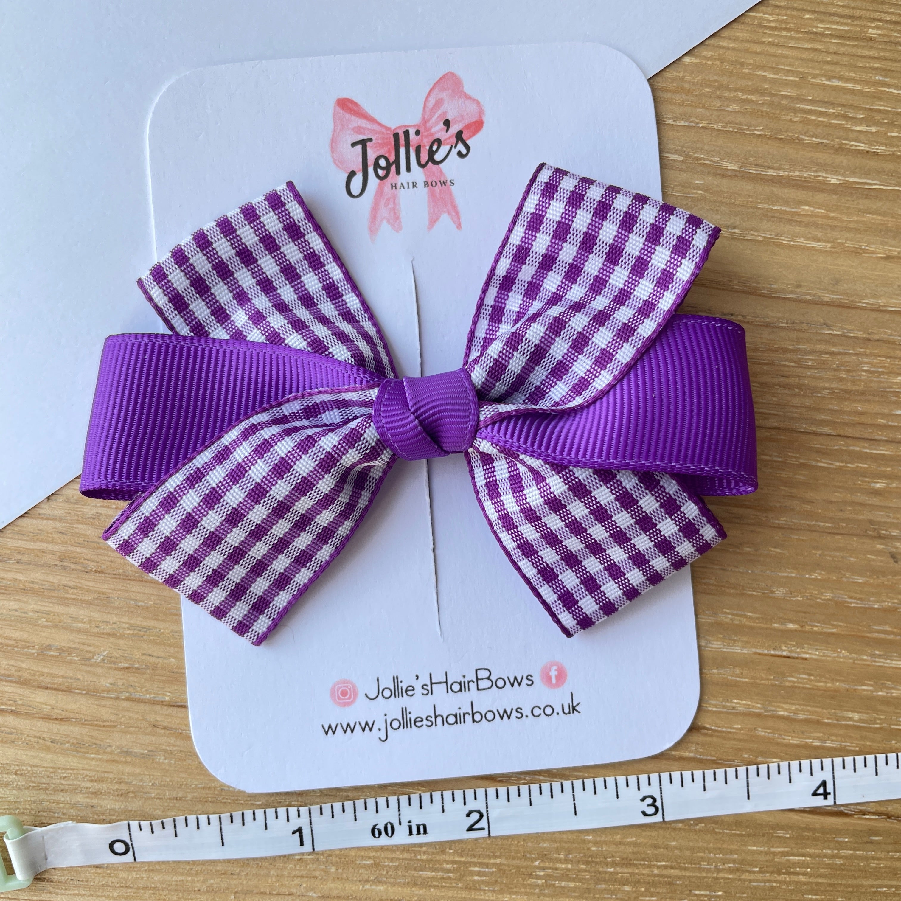 3.5inch Bow with Clip - Purple Gingham