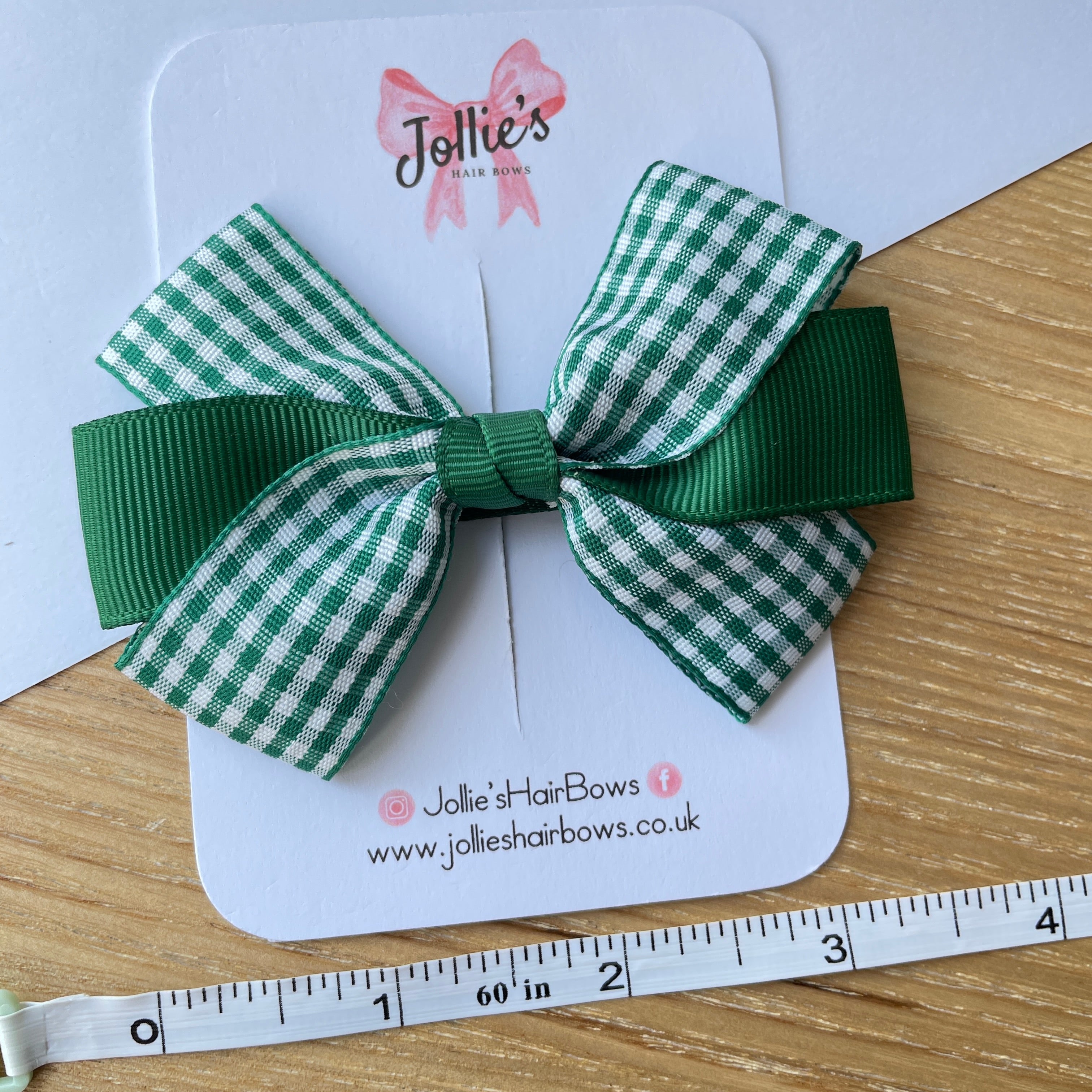 3.5inch Bow with Clip - Green Gingham