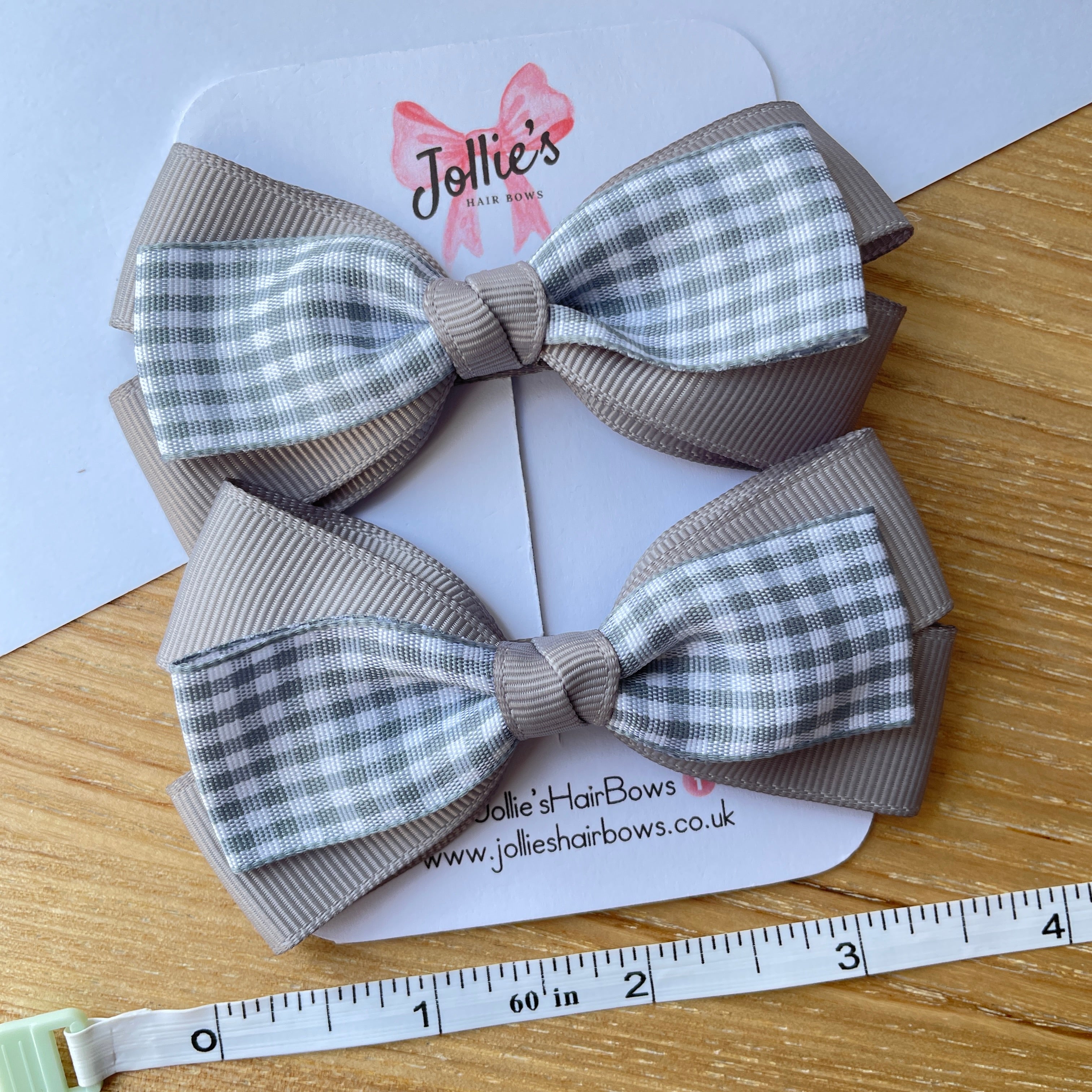 3.5inch Bow with Clip (pair) - Silver Gingham