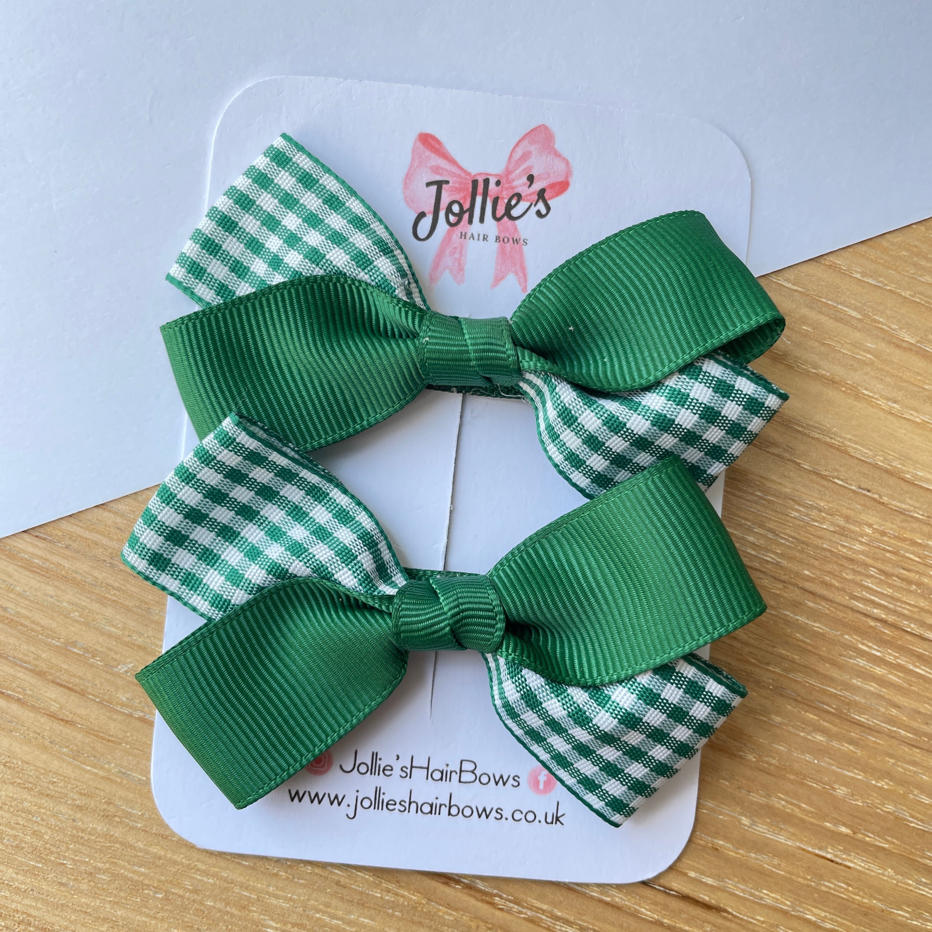 3inch Bow with Clip (pair) - Green Gingham