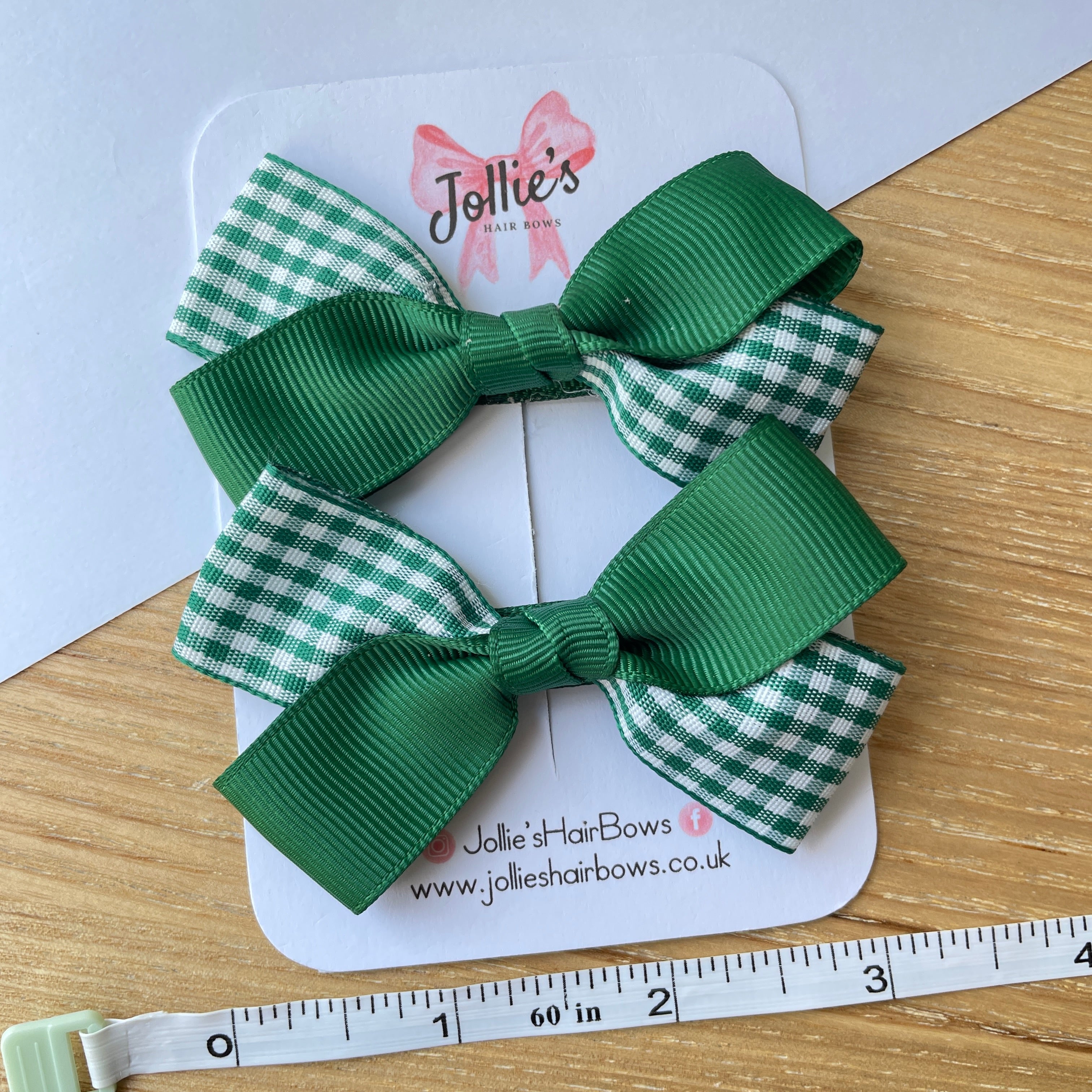 3inch Bow with Clip (pair) - Green Gingham