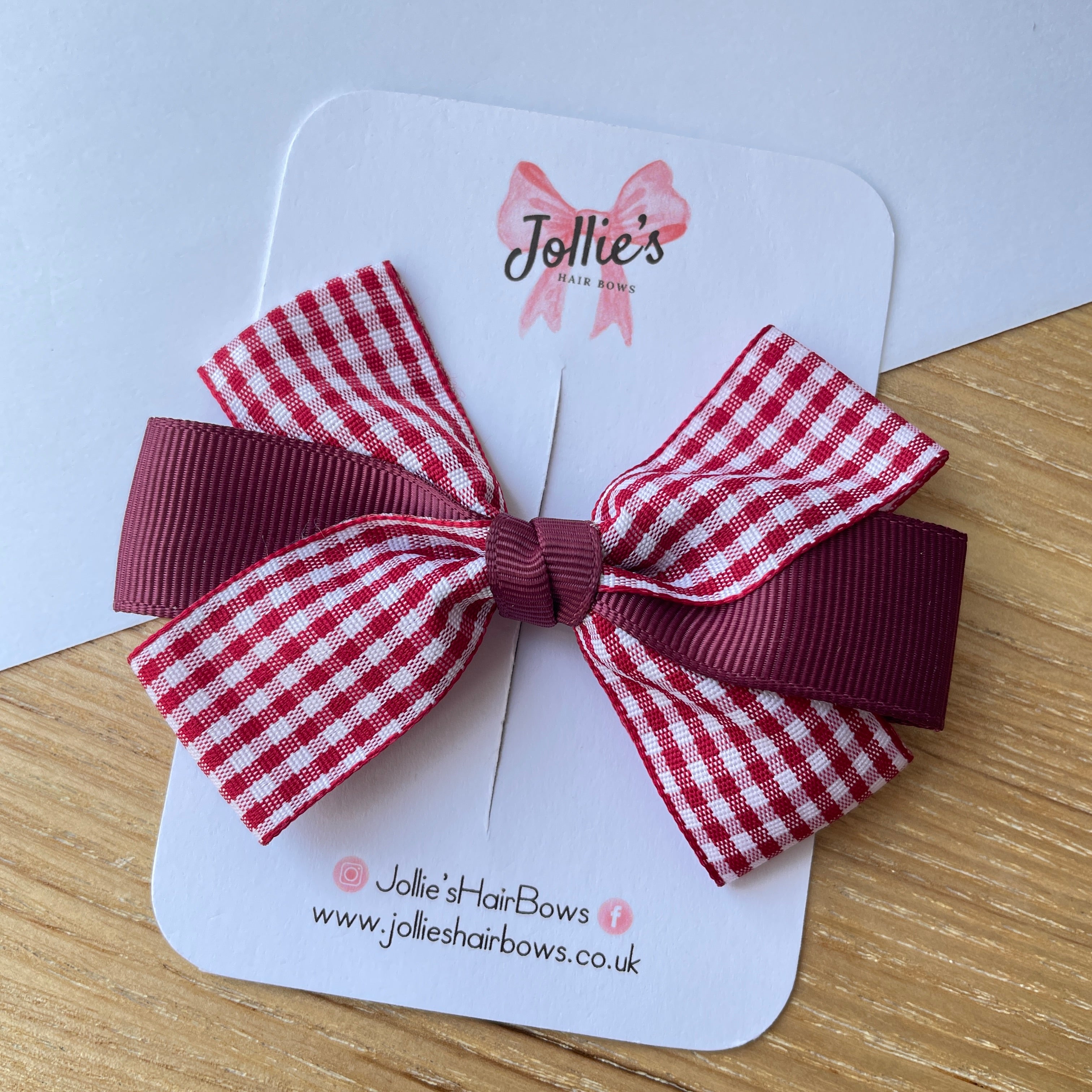 3.5inch Bow with Clip - Burgundy Gingham