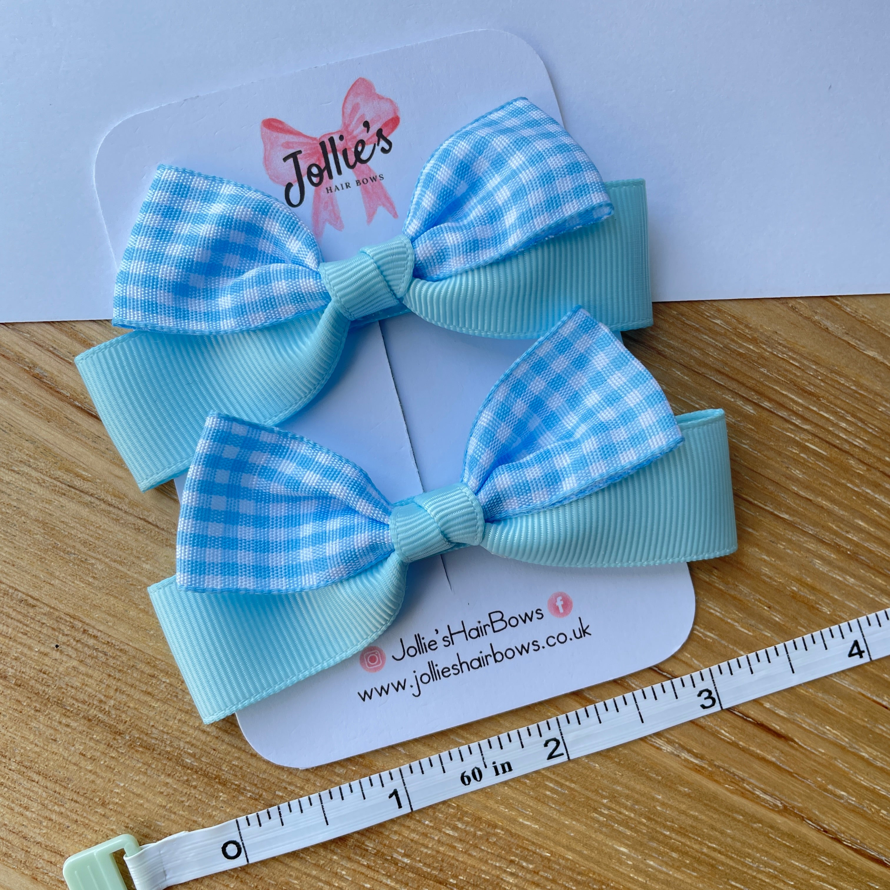 3.5inch Ribbon Bow with Clip (pair) - Light Blue Gingham