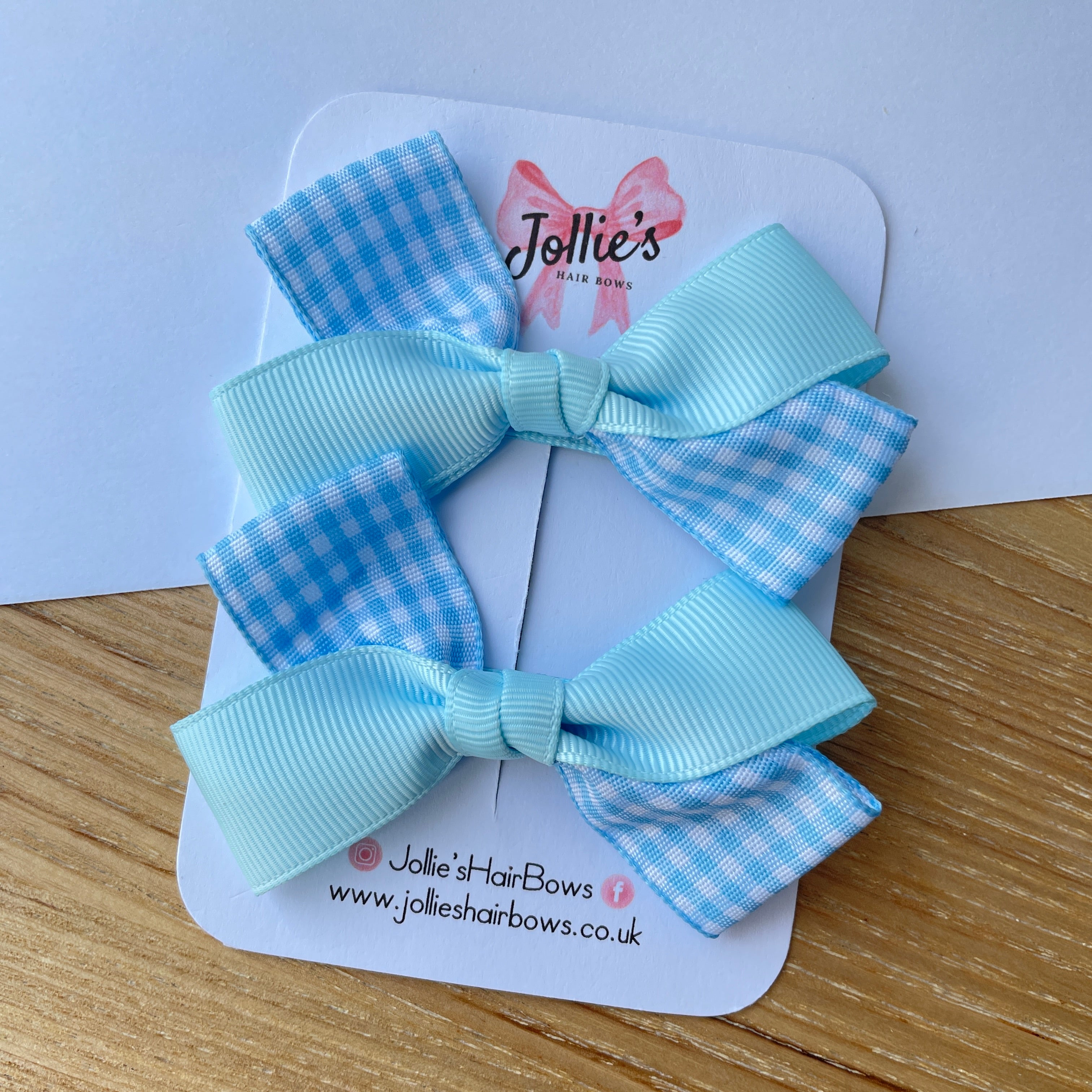 3inch Bow with Clip (pair) - Light Blue Gingham