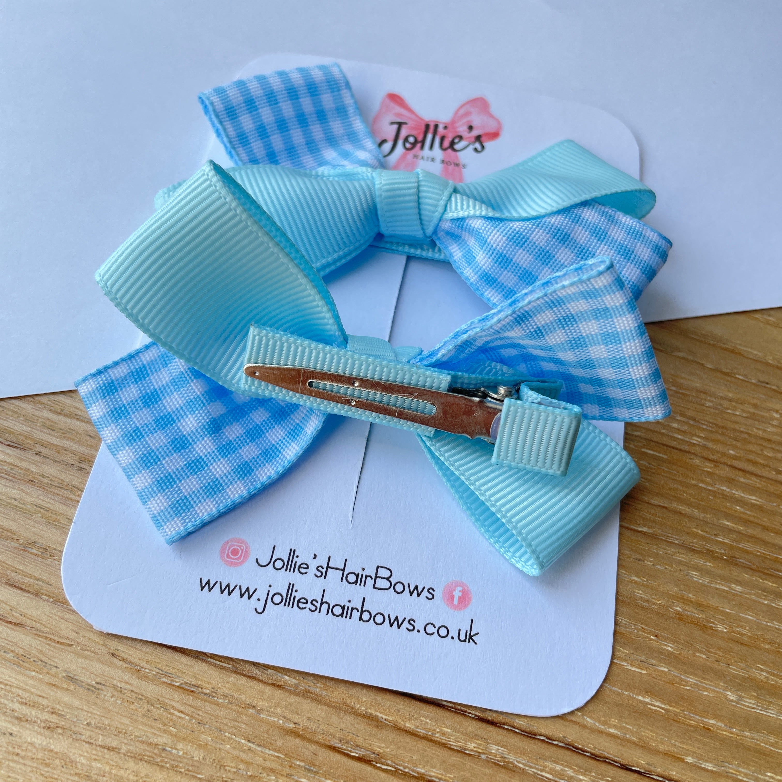 3inch Bow with Clip (pair) - Light Blue Gingham